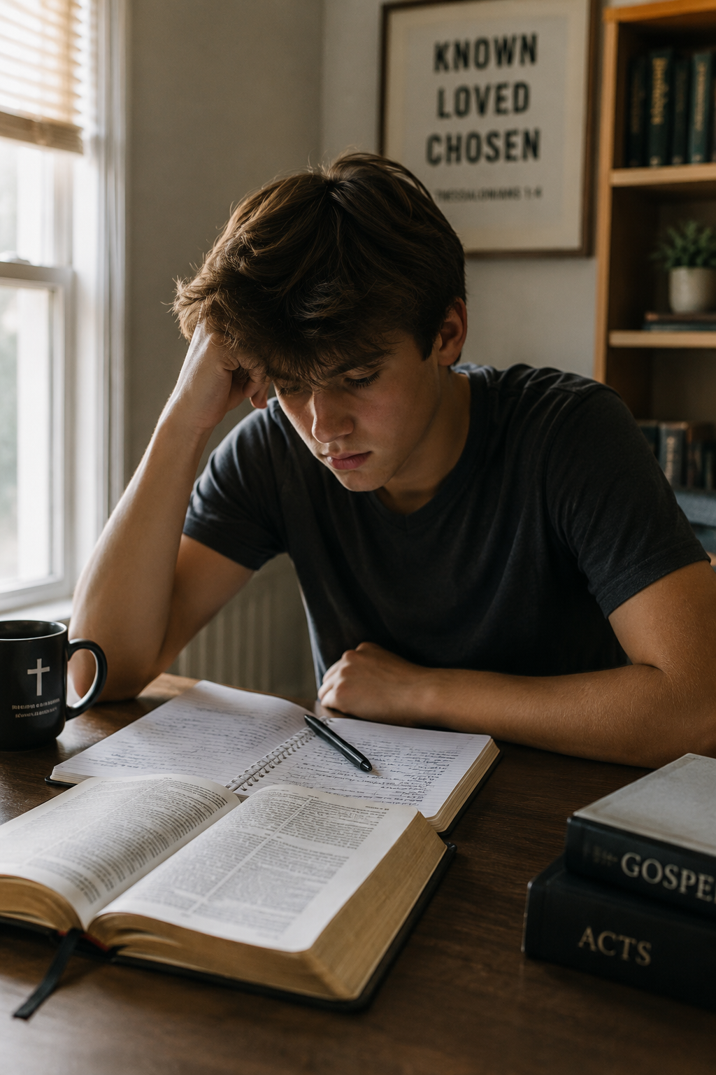 A young man with brown hair reading and praying with an open Bible and a notebook on a wooden table in a cozy room, with a mug and books around him, and a religious poster on the wall.