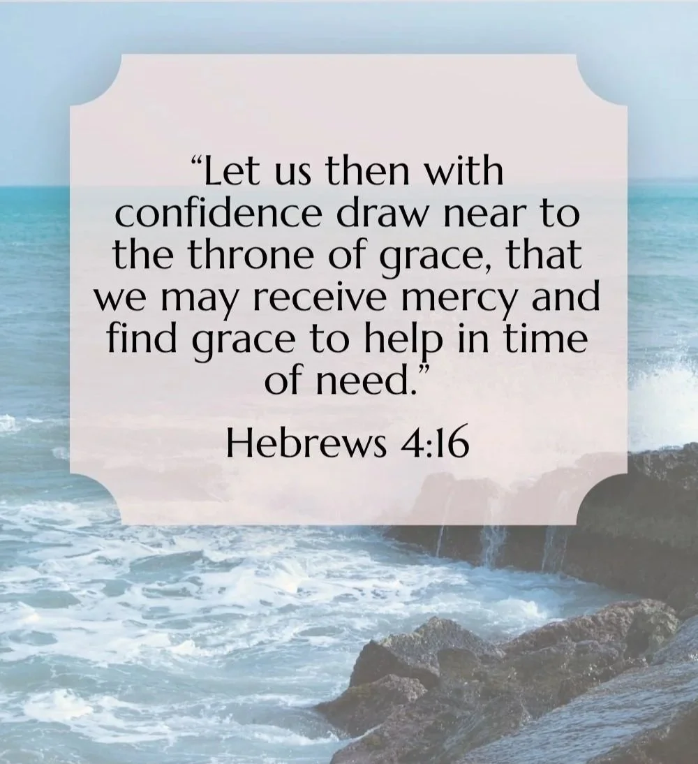 Inspirational quote over a beach background with rocks and ocean waves, reading: "Let us then with confidence draw near to the throne of grace, that we may receive mercy and find grace to help in time of need." Hebrews 4:16.