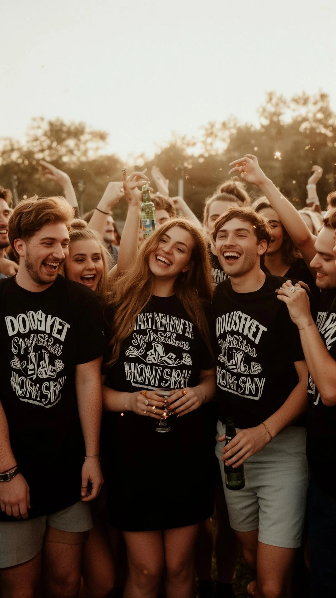 Group of young people celebrating outdoors during sunset, smiling, and holding drinks.