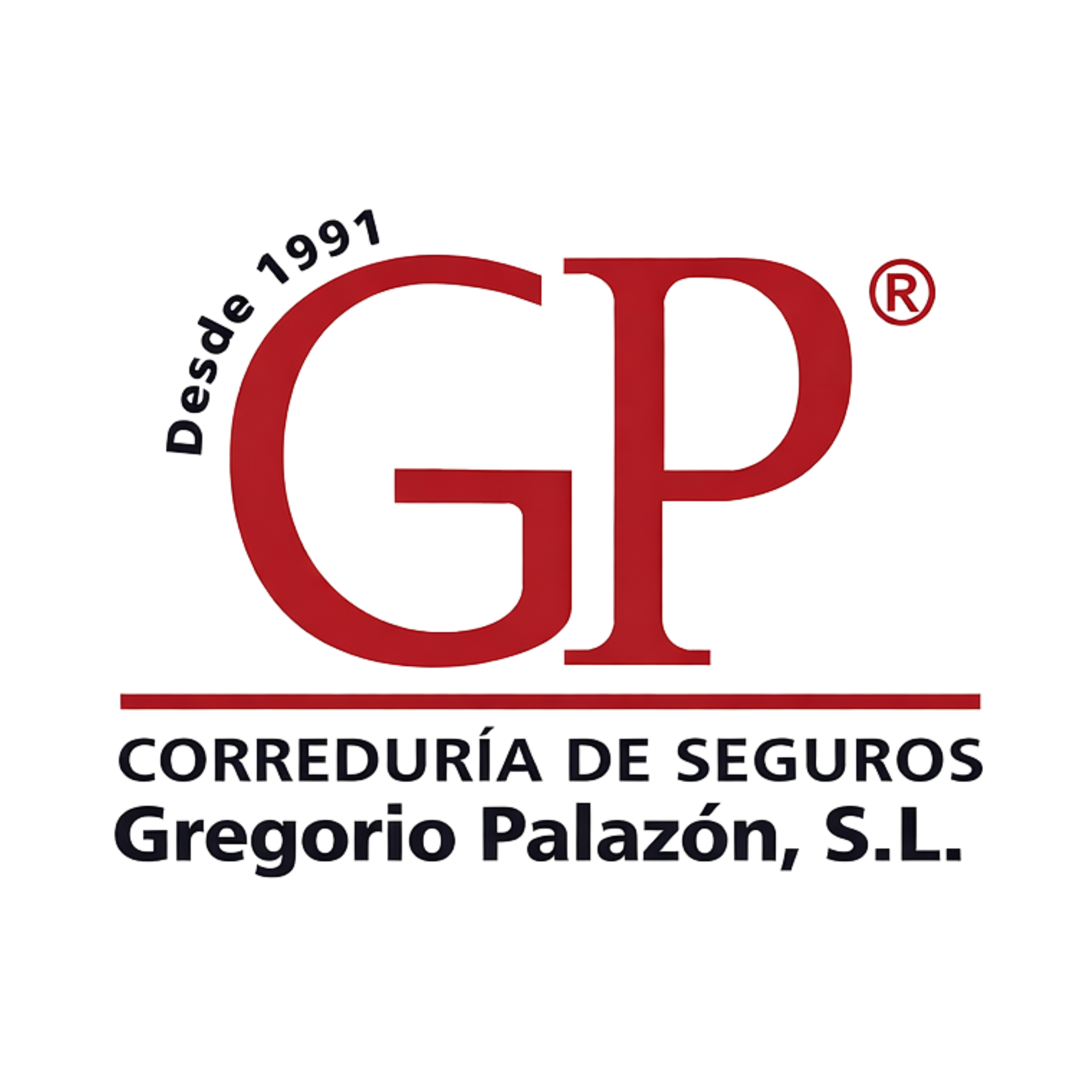 Logotipo de la empresa de seguros. Texto en negro que dice 'CORREDURÍA DE SEGUROS Grégorio Palazón, S.L.' y un símbolo de color rojo con la inscripción 'SA' y el año 1991.