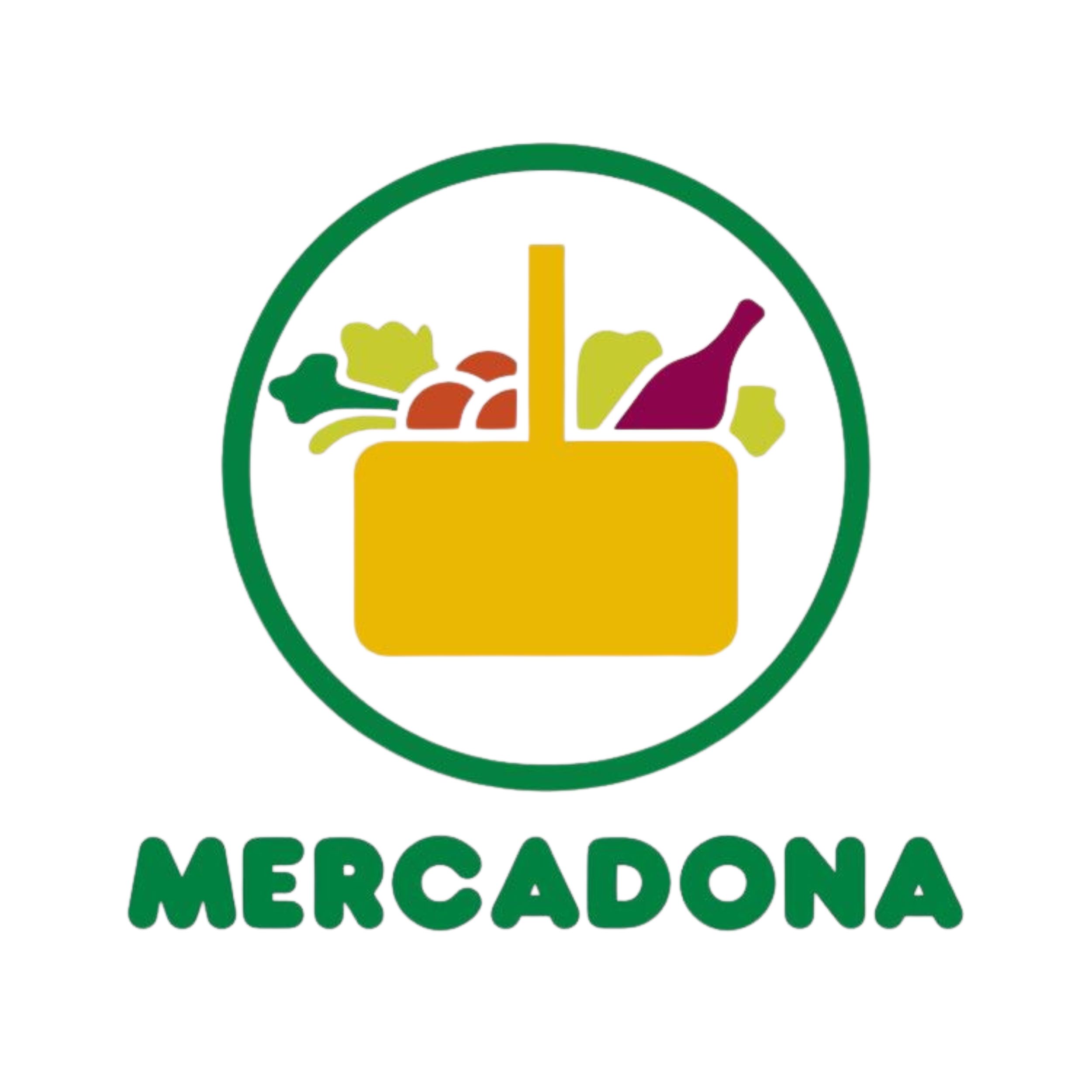 Logotipo de Mercado Mércadona con un círculo verde y texto en la parte inferior.