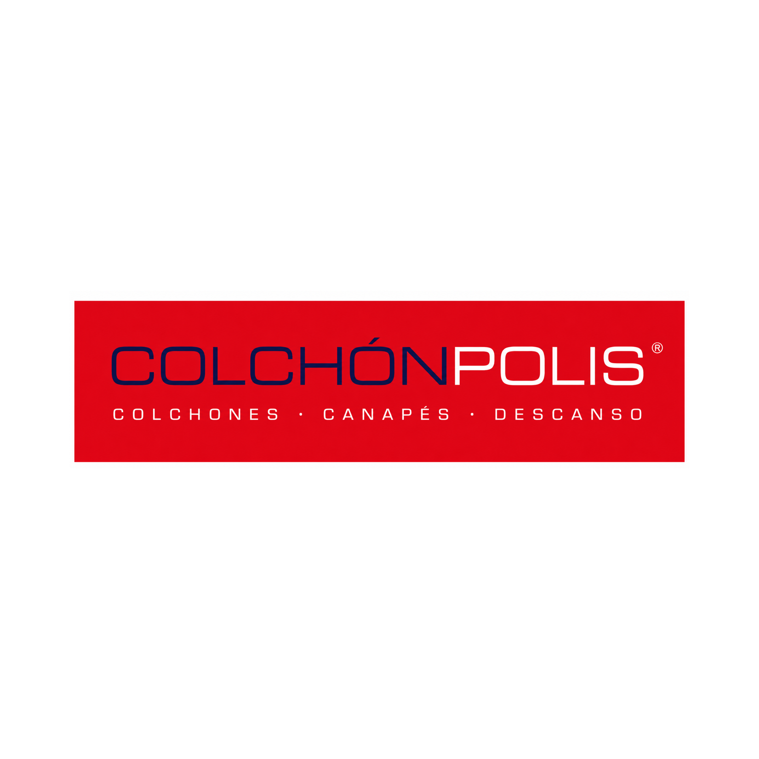 Fondo blanco con una franja roja en la parte inferior que contiene el texto en letras mayúsculas: 'COLCHÓN POLIS' y debajo en letras más pequeñas: 'COLCHONES', 'CANAPÉS' y 'DESCANSO'.