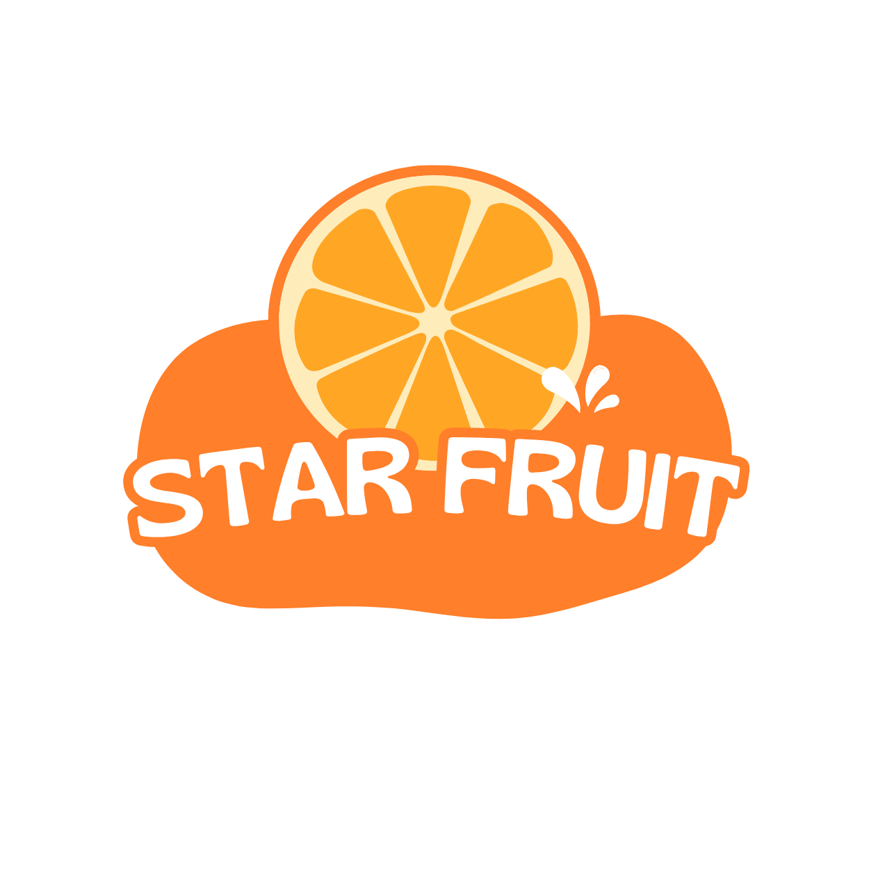 Logo de una fruta de naranja cortada en rodajas con el texto 'Star Fruit' en letras blancas y estilo juguetón, fondo blanco.