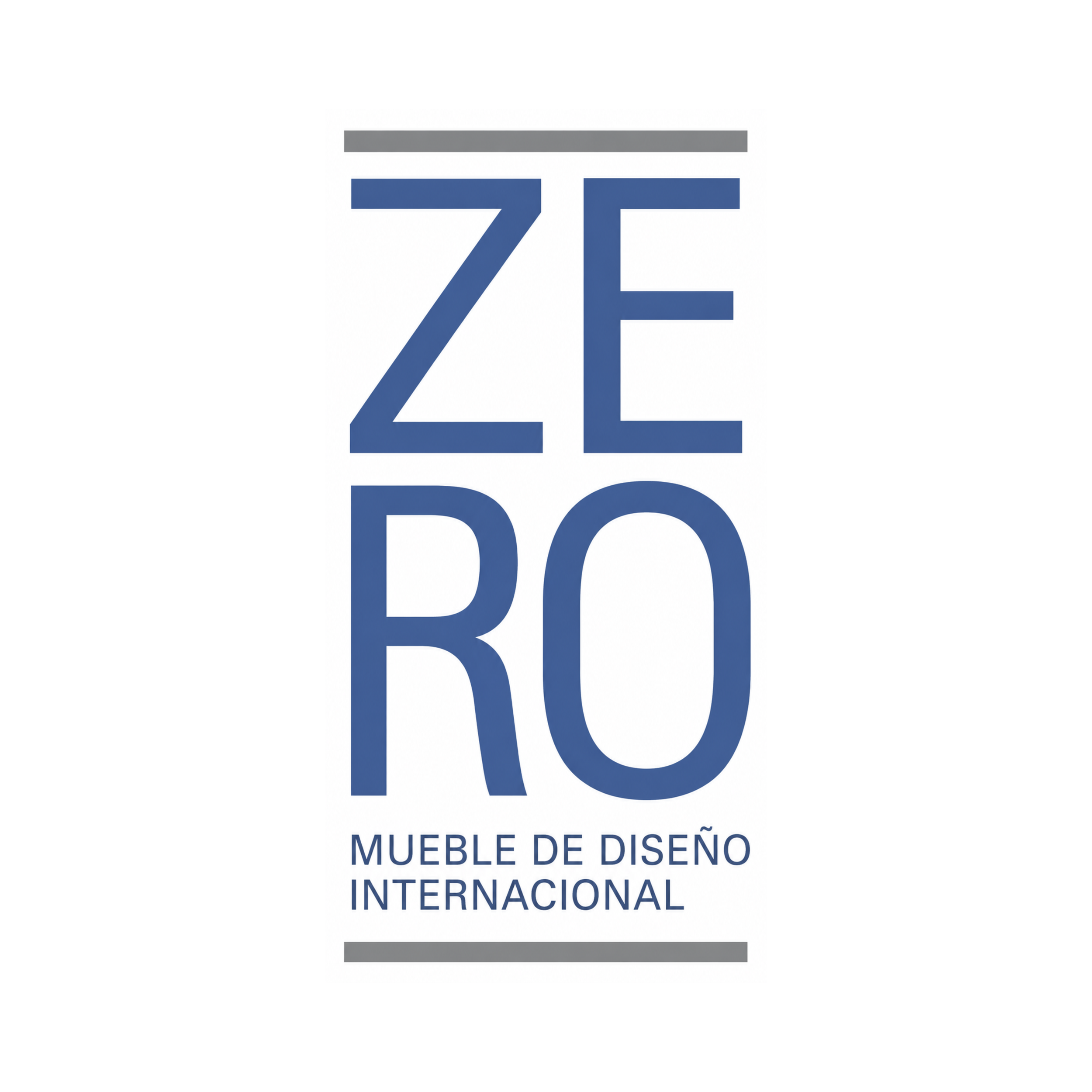 Logotipo de una empresa de muebles de diseño internacional con letras grandes en color azul y detalles en gris.