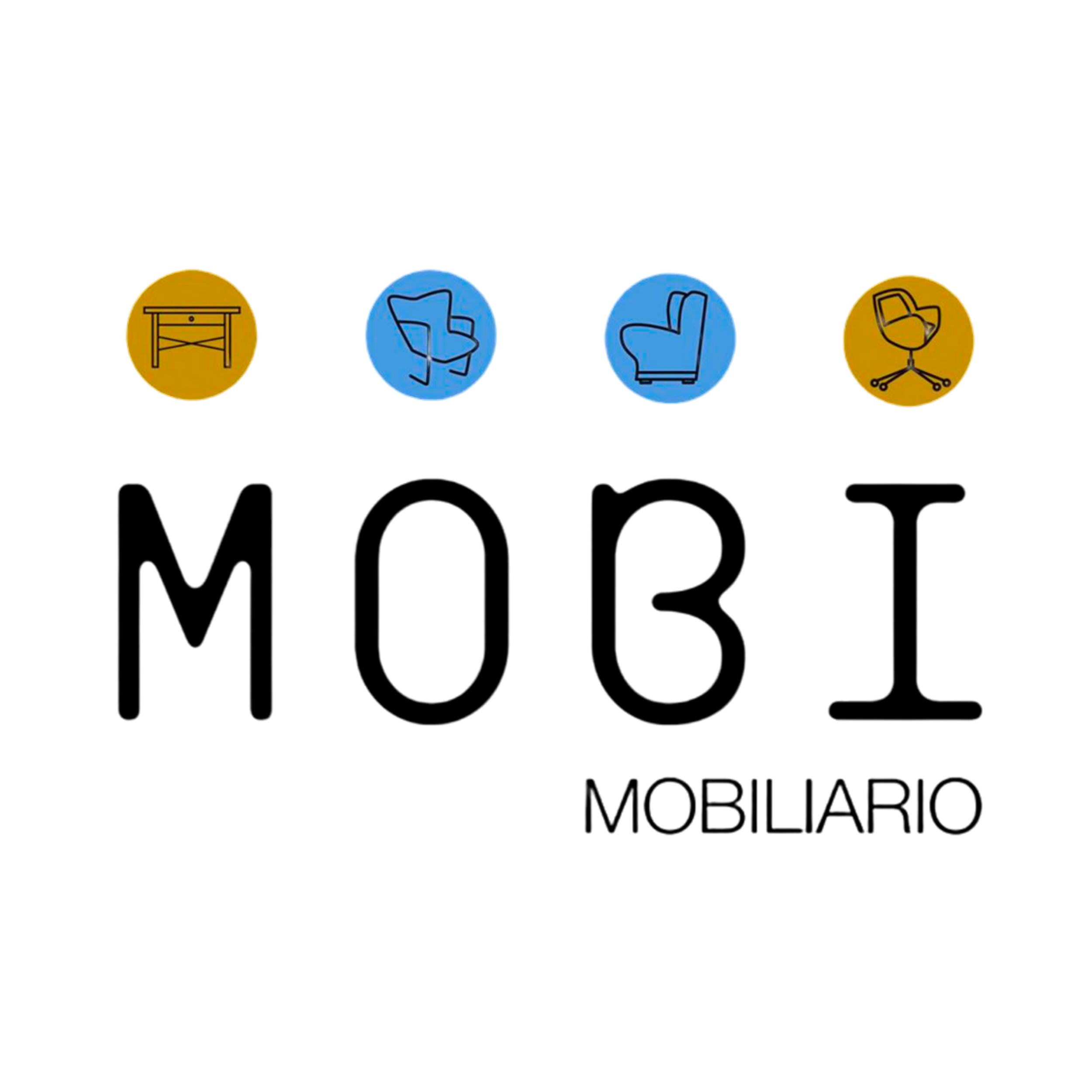 Logotipo que dice 'Movilario' con iconos de diferentes muebles en círculos de colores amarillo y azul