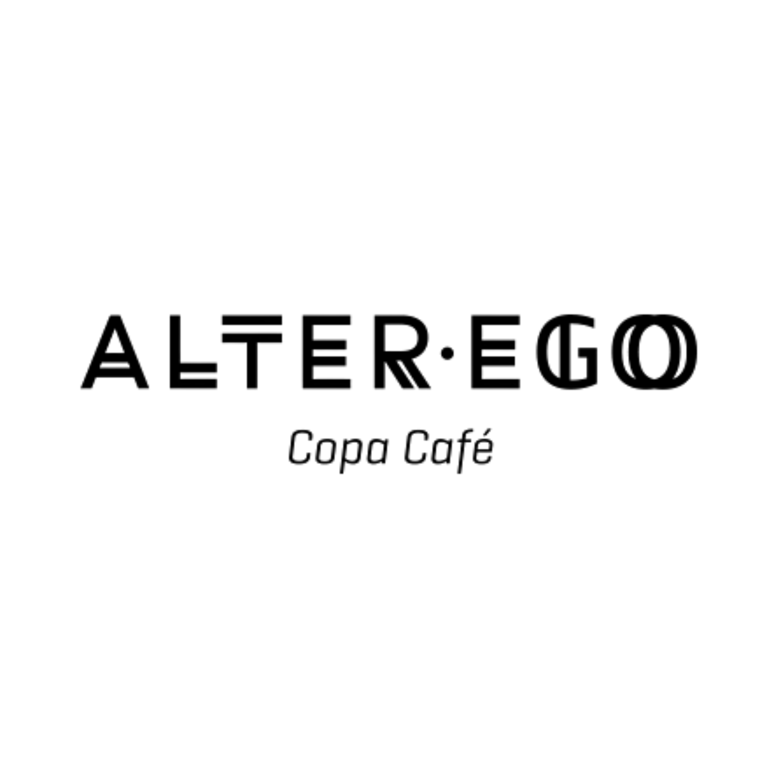 Logotipo de Alfer Ego Café con letras negras en fondo blanco, palabras en mayúsculas y minúsculas, y una línea que dice 'Copa Café' en letras cursivas debajo.