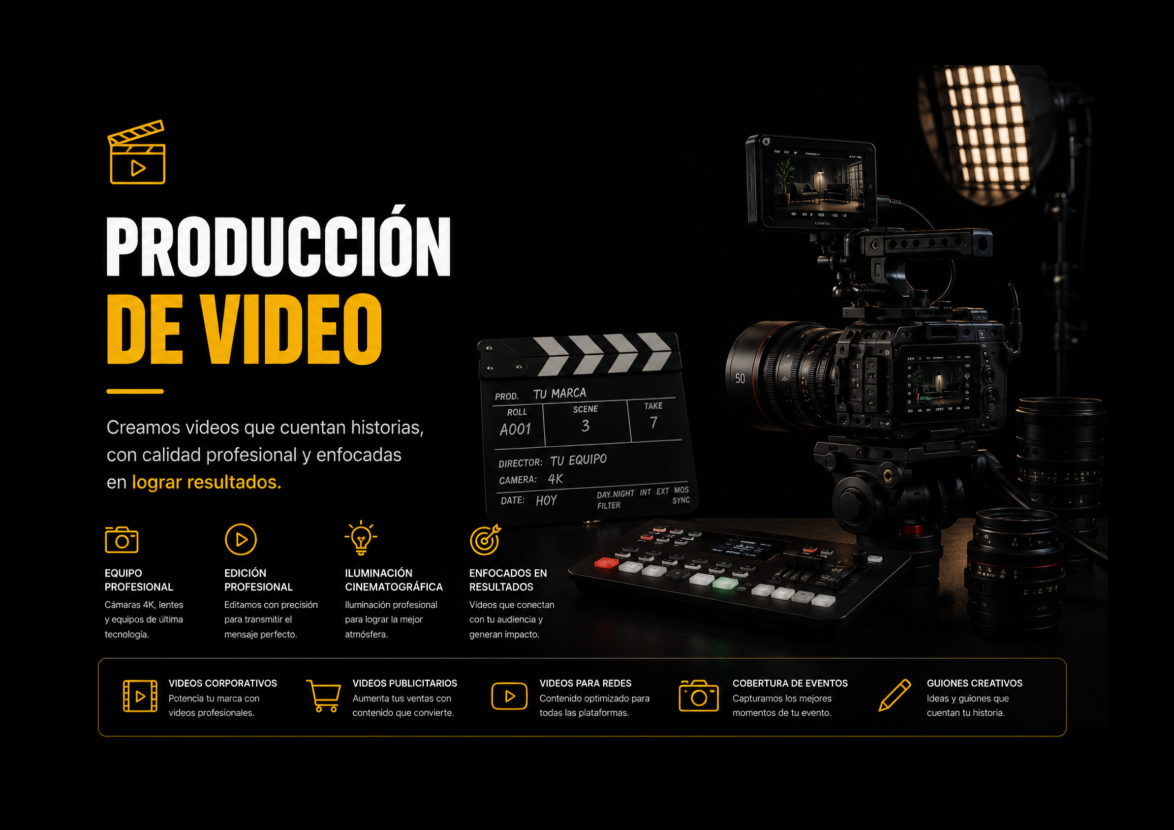 Pantalla de computadora, cámara profesional, y otros equipos de producción de video con texto en español que promociona servicios de creación de videos profesionales y enfocados en resultados.