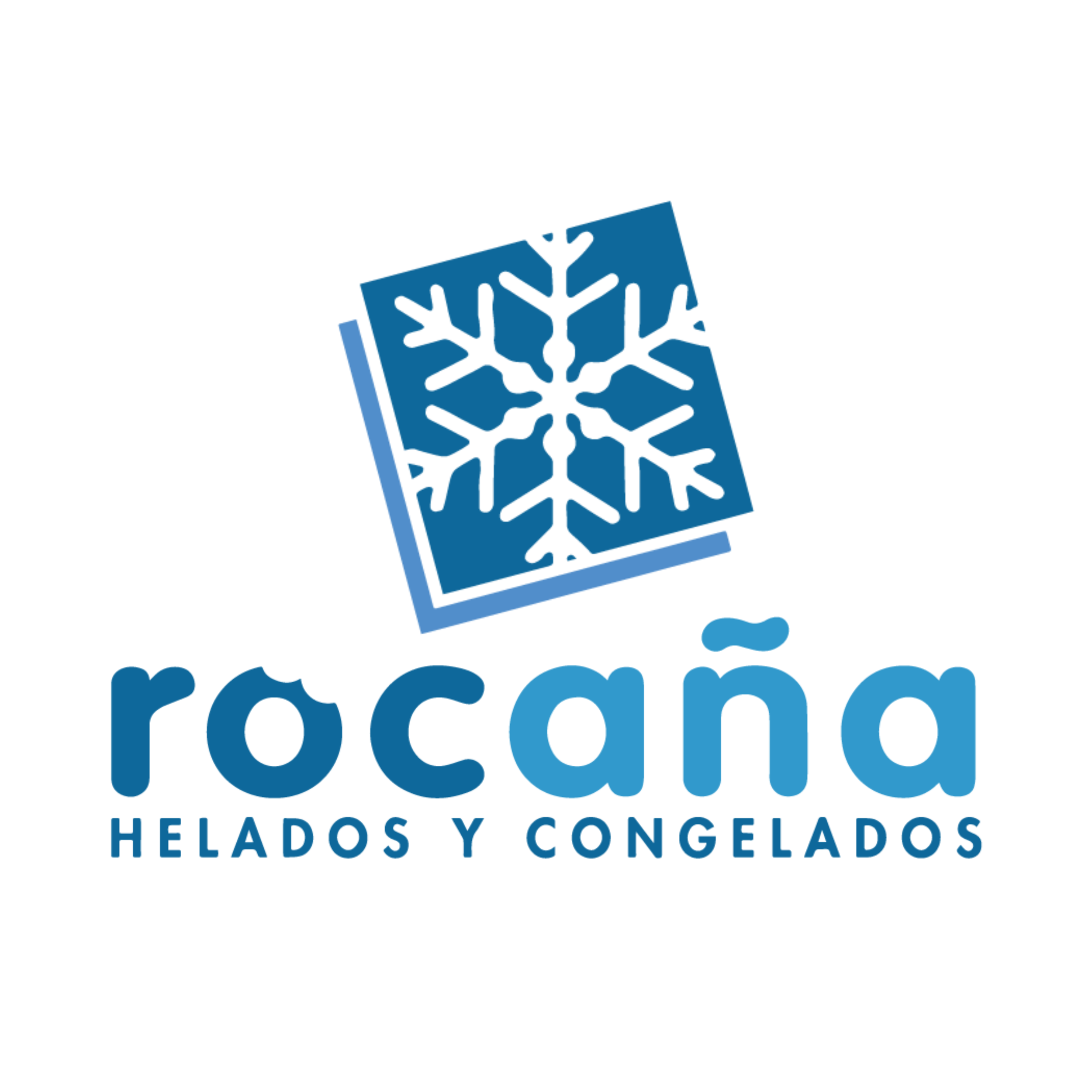 Logotipo de una heladería llamada 'Helados y Congelados'. El logo tiene un copo de nieve en el centro, en diferentes tonos de azul, y el texto en letras mayúsculas en color azul oscuro.
