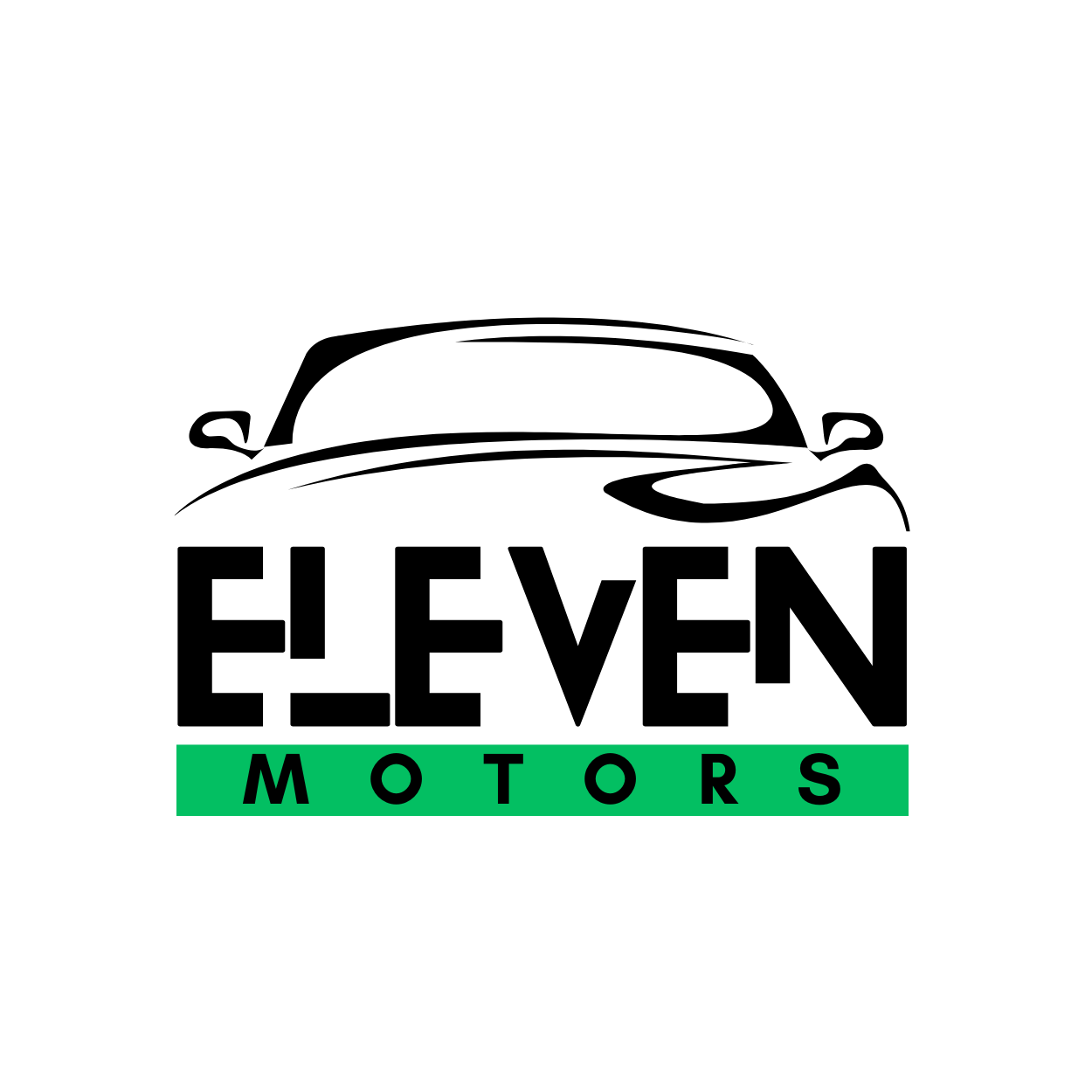 Logotipo de la empresa Eleven Motors, que muestra un automóvil en negro y el nombre 'ELEVEN' en letra grande, con la palabra 'MOTORS' en letra más pequeña en un recuadro verde.