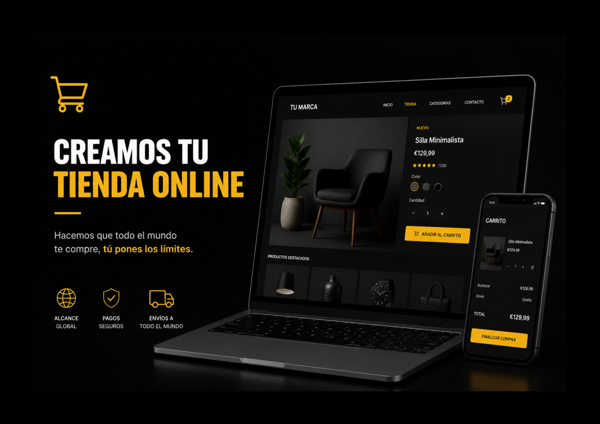 Pantalla de computadora portátil y teléfono móvil mostrando una tienda en línea de muebles, con productos destacados, precios y botones de compra, en un fondo negro con texto en español.