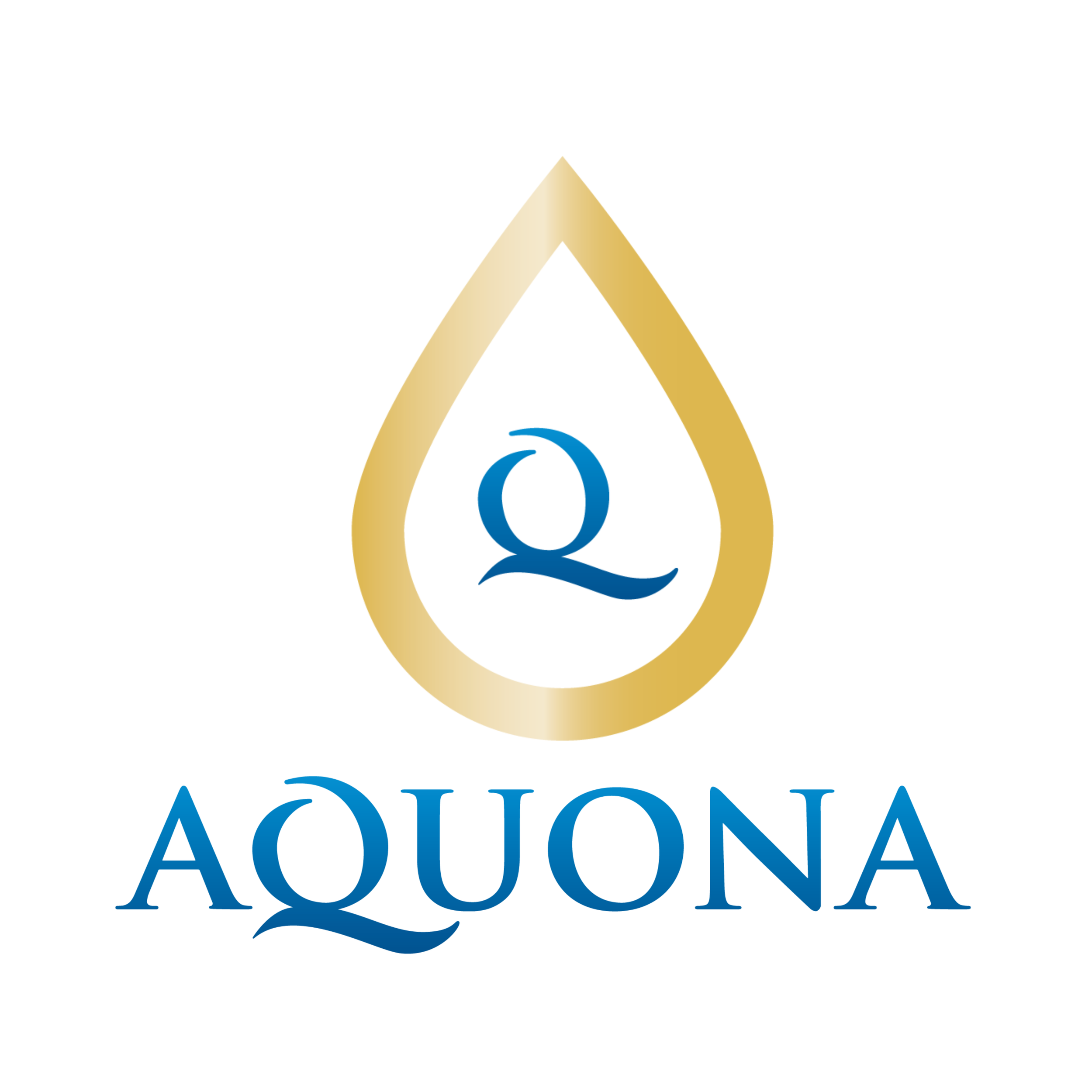 Logotipo de la Aquona, con un símbolo de gota de agua dorada y letras azules que dicen 'Aquona'