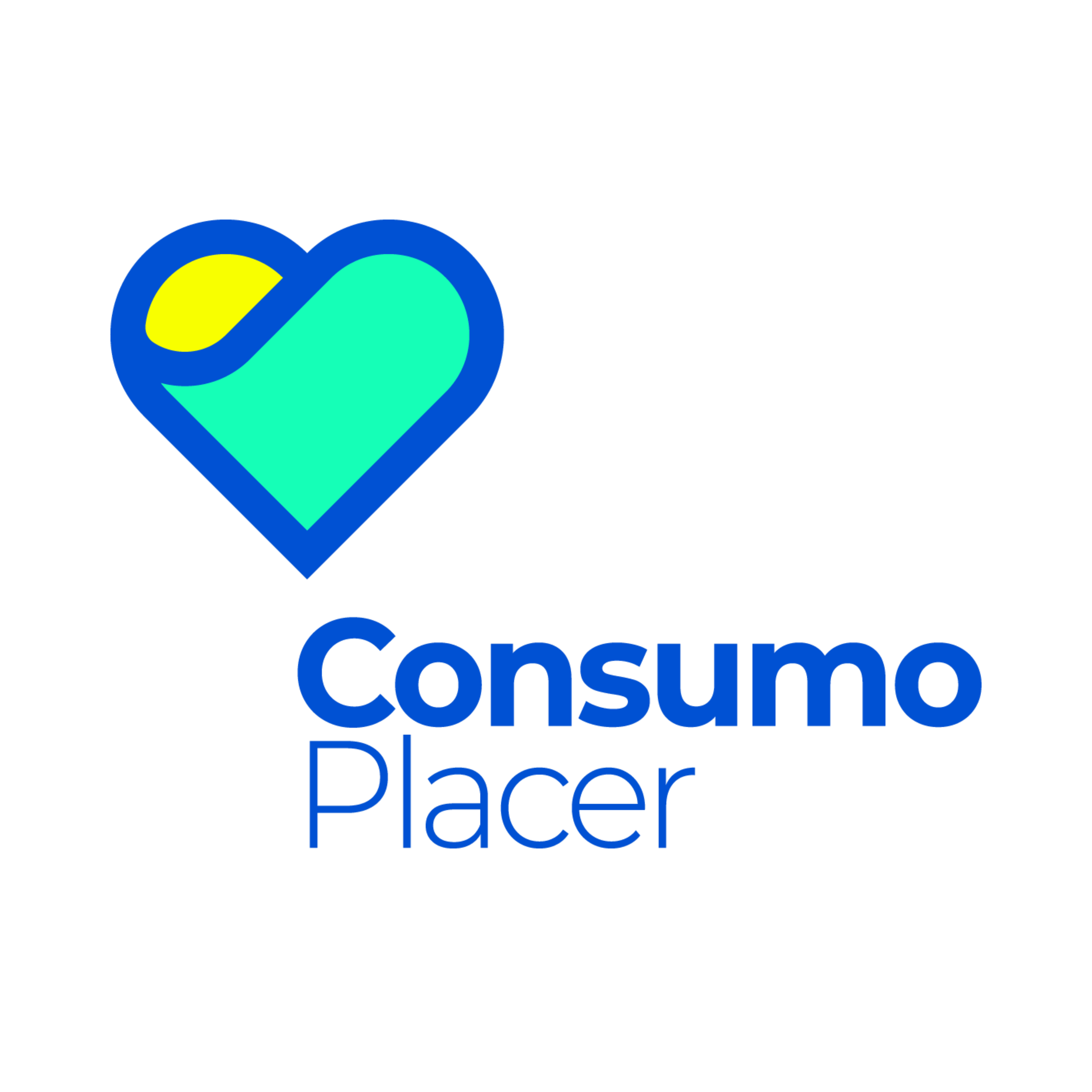 Logo de Consumo Placer, con corazón estilizado en tonos azul y verde y texto en azul.