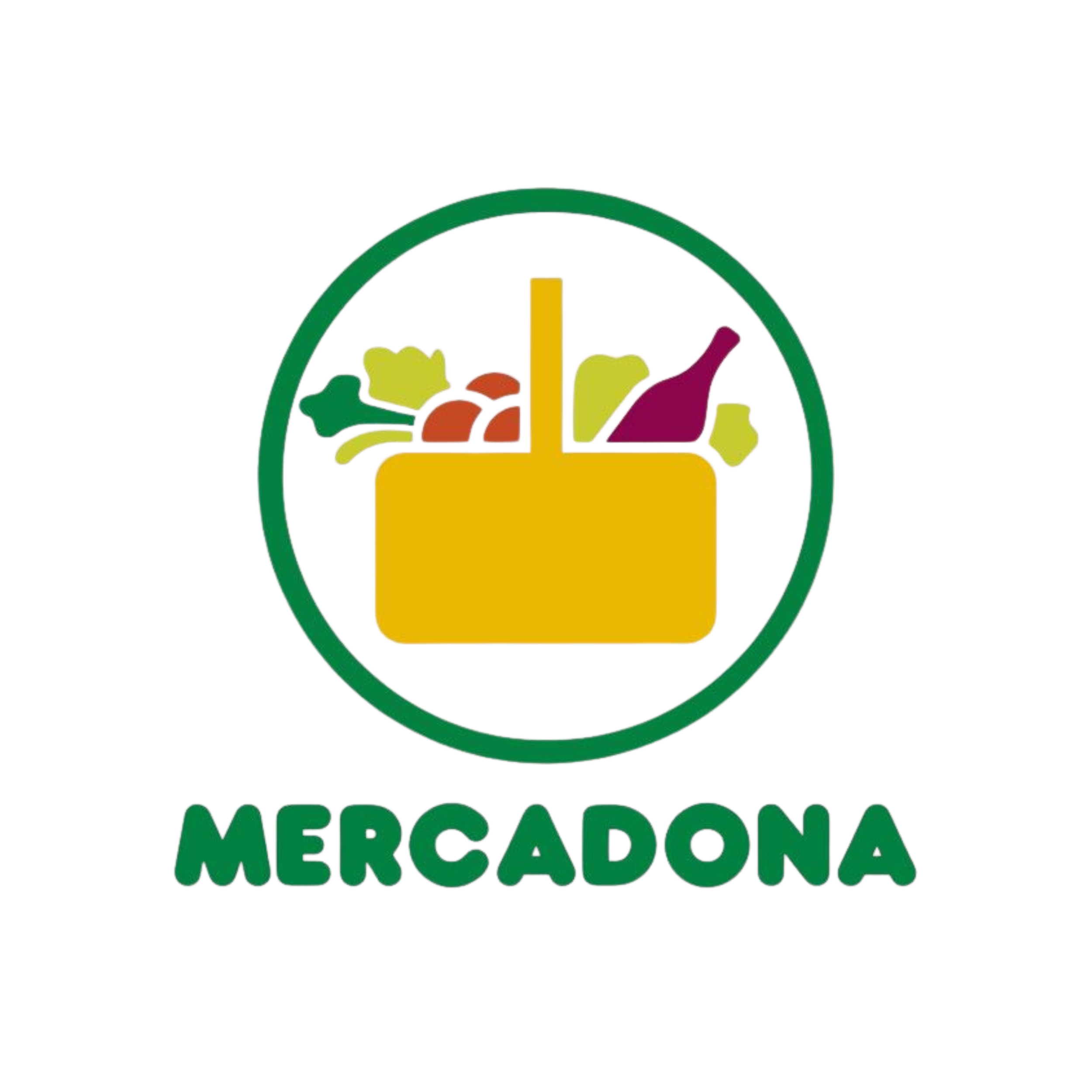 Logo del mercado con letras verdes que dice 'Mercadón' y un círculo con verduras y frutas de colores.