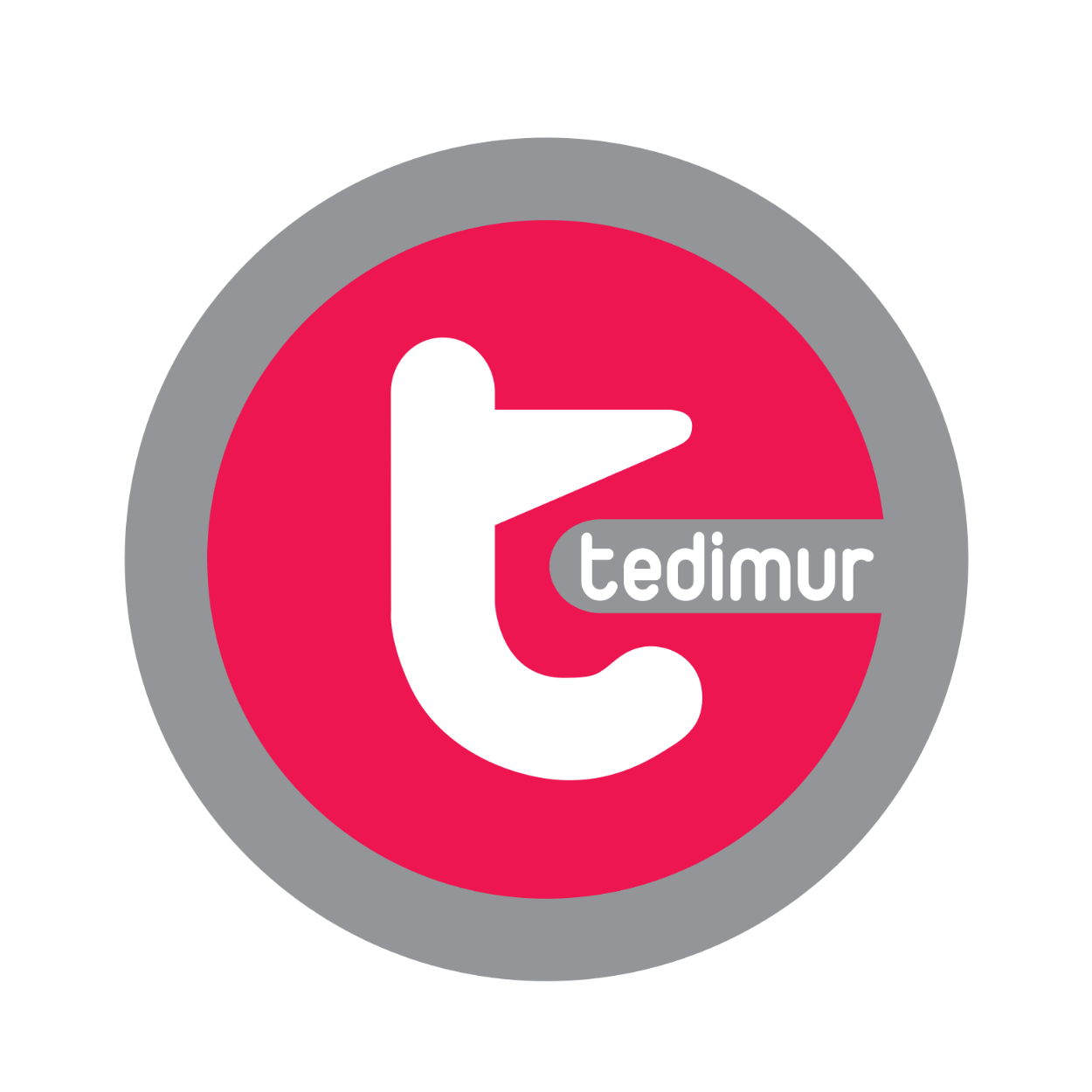 Logo circular con fondo gris, símbolo blanco en forma de letra 'L' y la palabra 'tedimur' en gris sobre fondo rosa