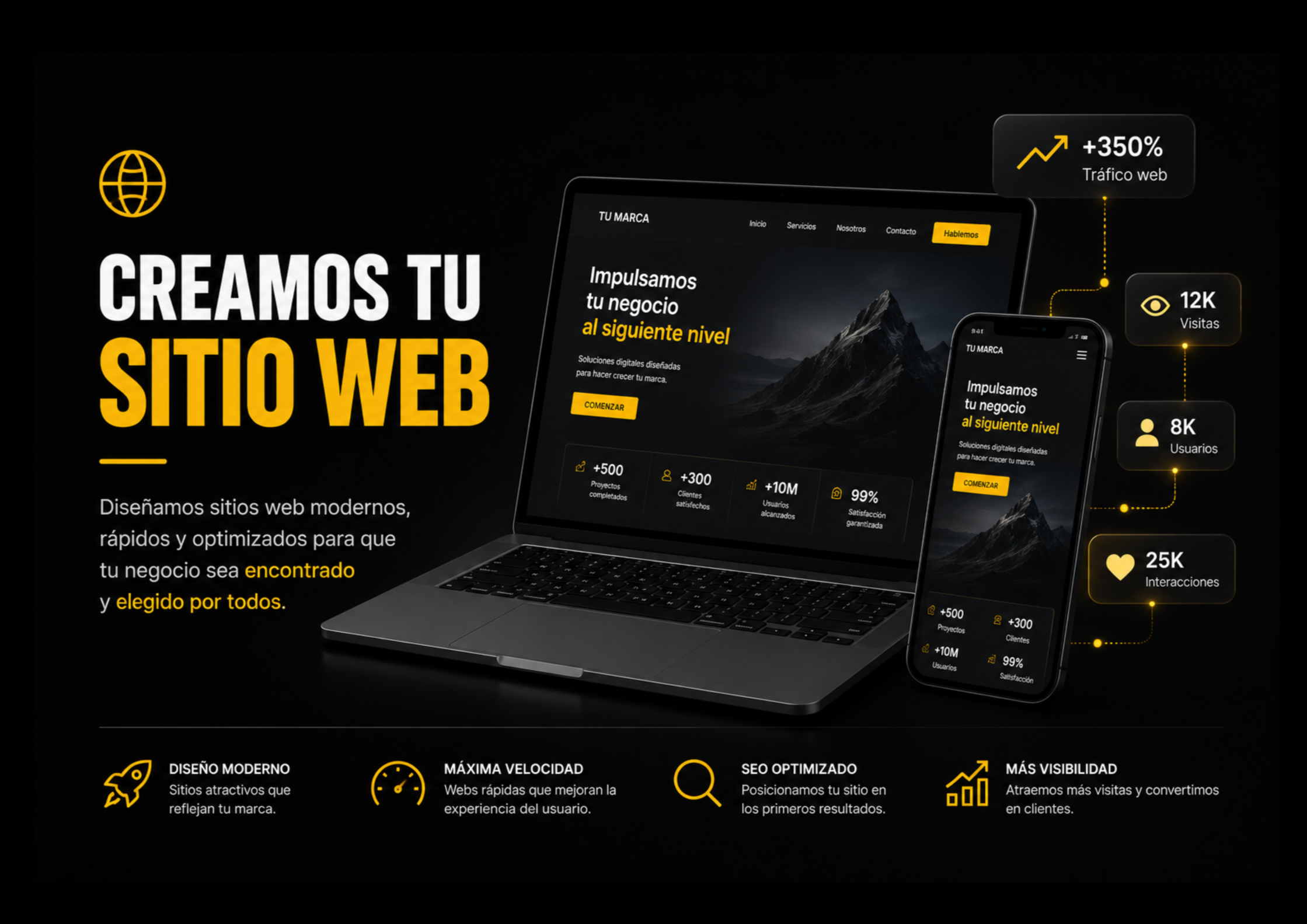Imagen de una pantalla que muestra una página web de diseño de sitios web con datos de crecimiento y métricas, con texto en español y elementos gráficos en amarillo sobre un fondo oscuro.
