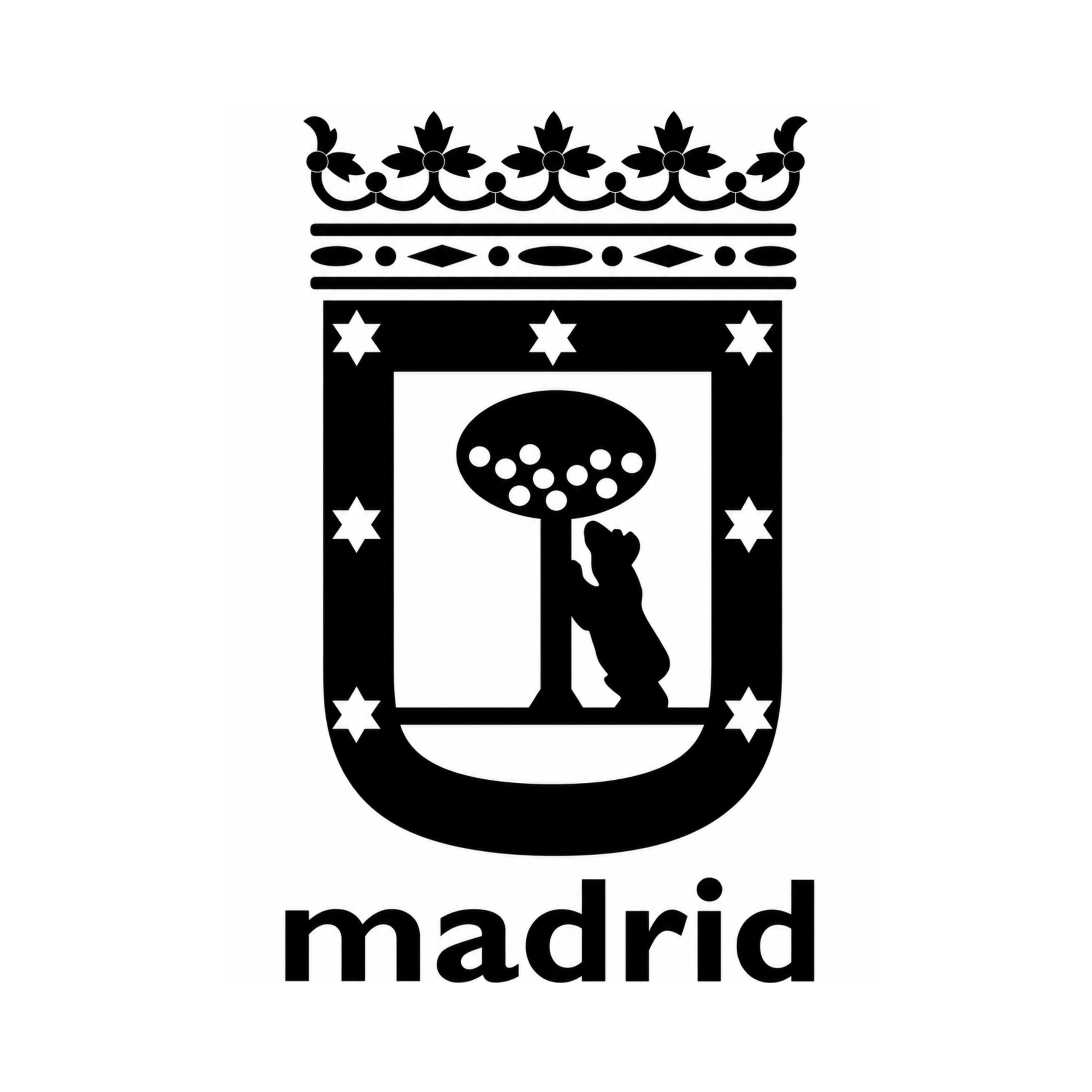 Logo en blanco y negro con una figura de un reloj en la parte superior, rodeada de estrellas, y la palabra 'Madrid' en la parte inferior.