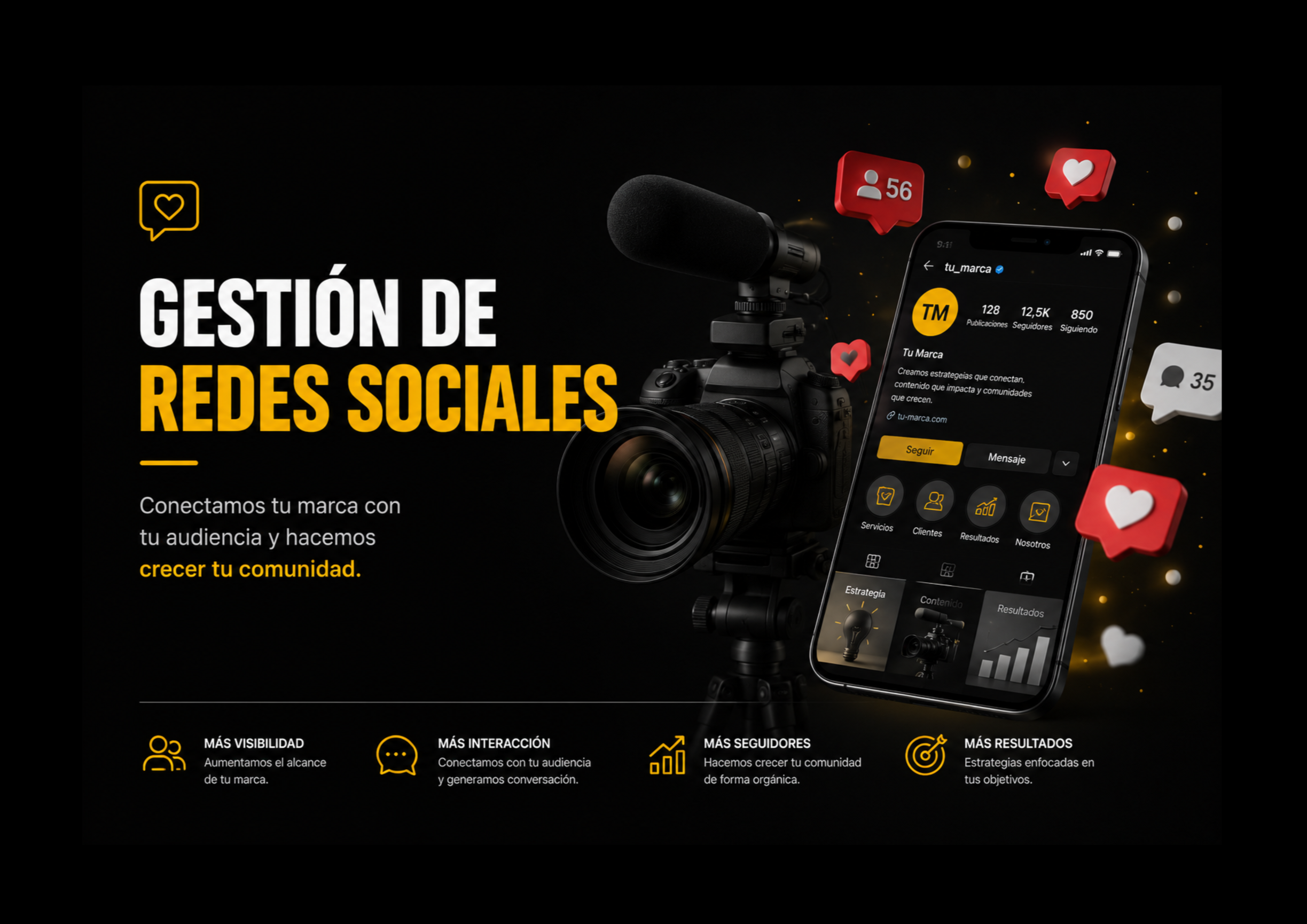 Imagen que muestra equipo de grabación, teléfono móvil con interfaz de redes sociales, iconos de interacción y seguidores, y texto promocional sobre gestión de redes sociales en fondo oscuro.