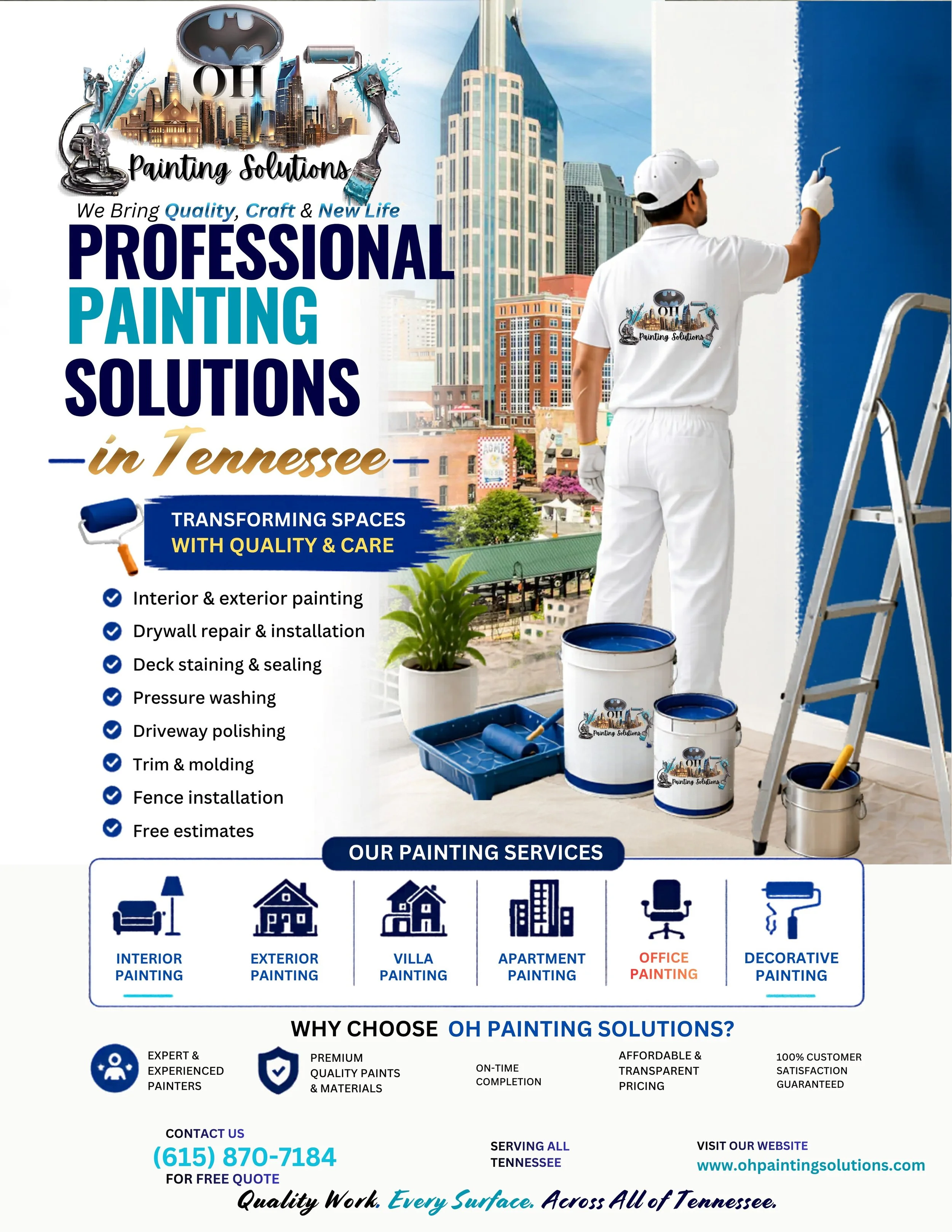 ✅ Expert painters. Premium materials. 100% satisfaction guaranteed.

OH Painting Solutions delivers top-quality painting and restoration services across all of Tennessee. Whether it's your home, apartment, office, or villa &mdash; we show up on time,