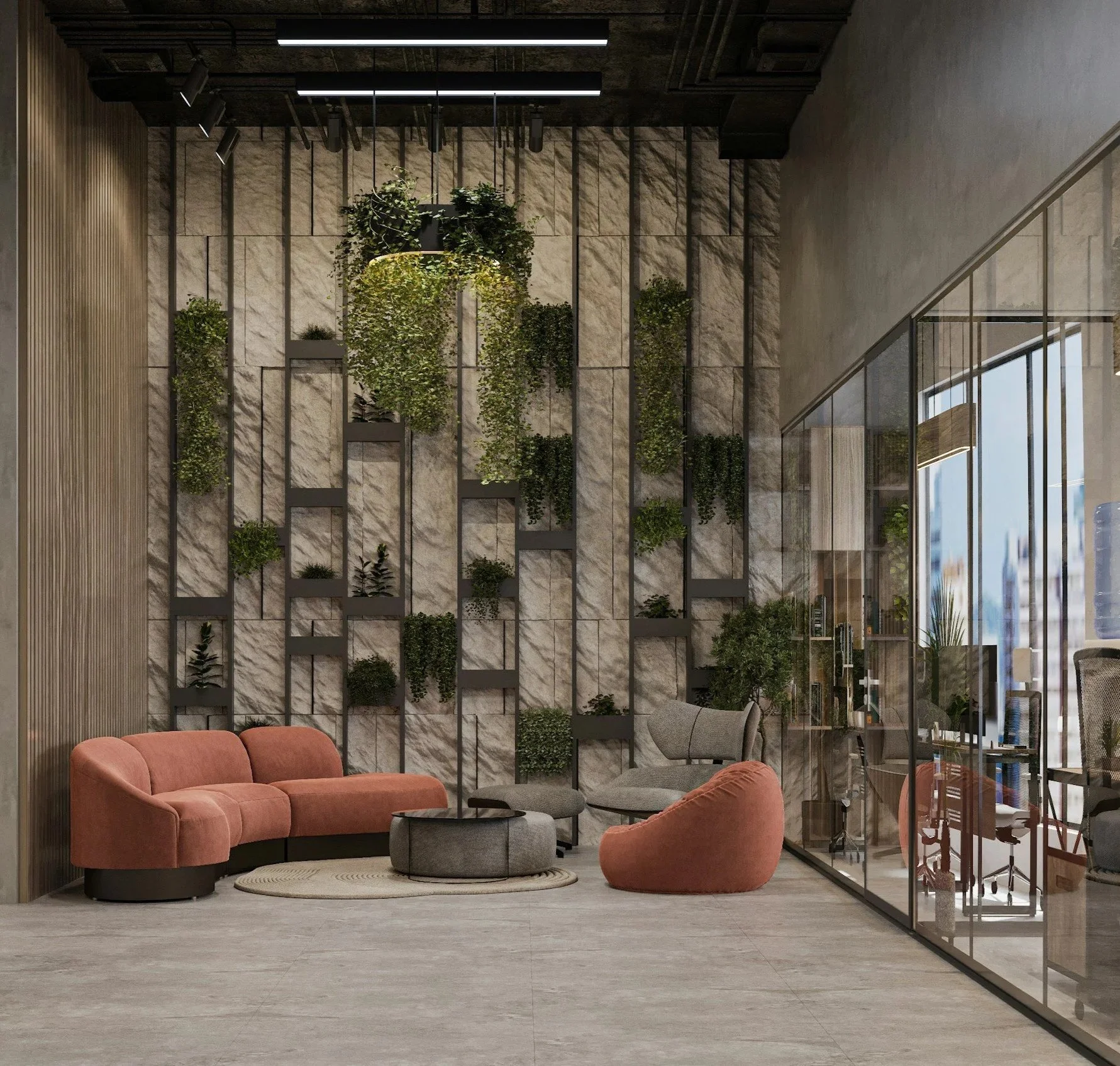 Modern workplace lounge featuring biophilic design, living greenery walls, and collaborative seating areas.