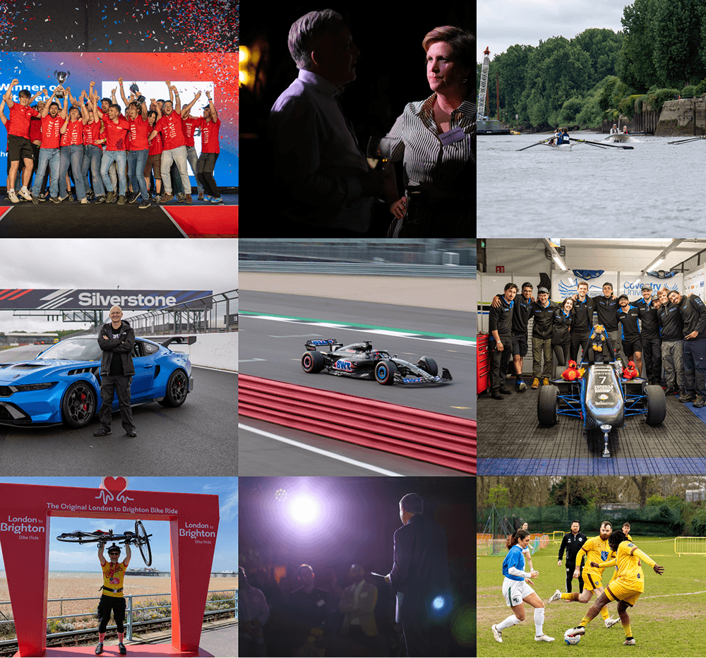 A collage of nine images showing various sports and recreational activities, including a team celebrating on a podium, two people having a conversation, people rowing on a river, a race car on a track, a racing team with a car, a cyclist holding a bicycle at a race start, a speaker giving a presentation, and women playing soccer on a field.