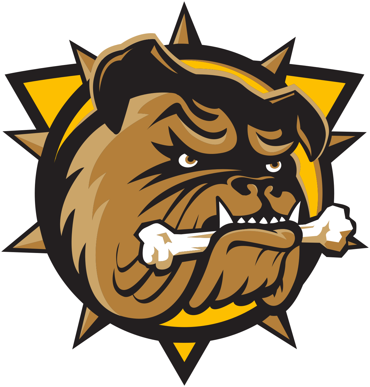 A cartoon-style dog head with a fierce expression, holding a bone in its mouth, surrounded by a spiked circular background in black and yellow.