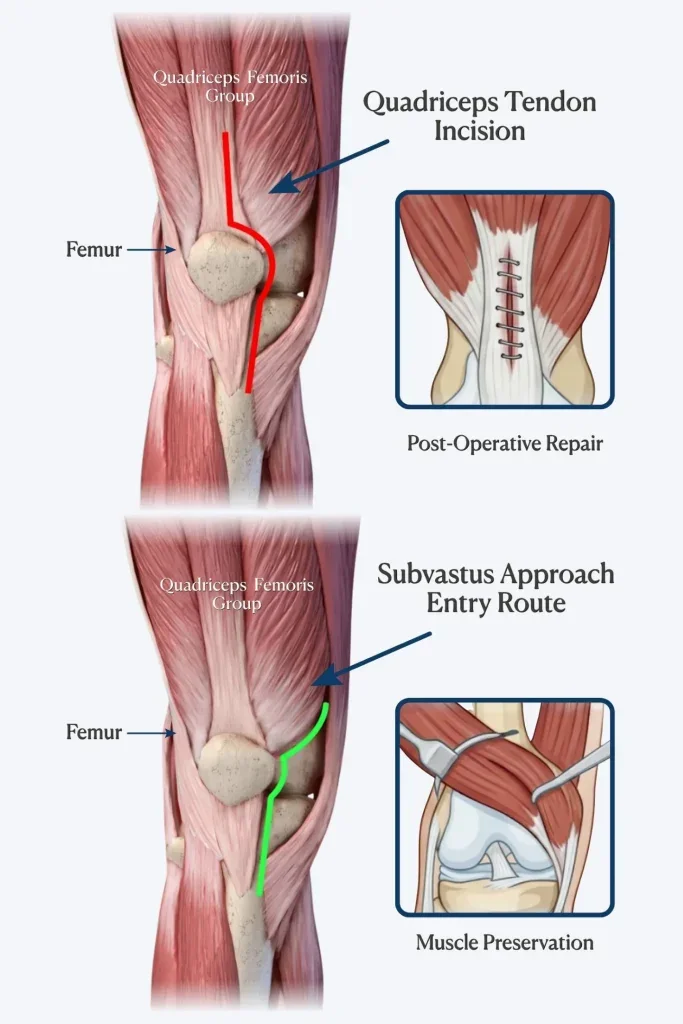 Diagram showing knee surgery procedures. Top image highlights quadiceps tendon incision and post-operative repair; bottom image shows subvastus approach entry route for muscle preservation.