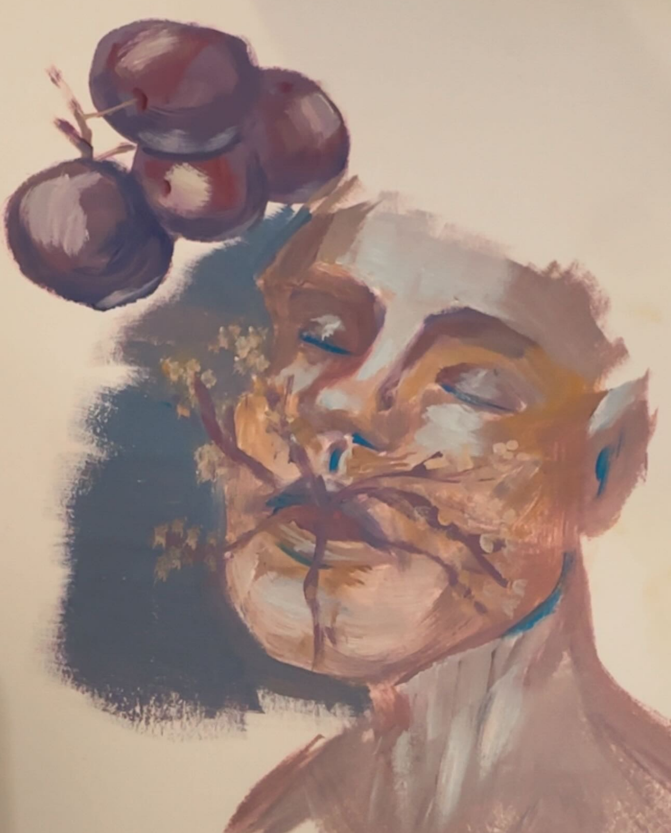 Un portrait,  les yeux fermés , avec des couleurs chaudes et des reflets de lumière sur le visage.