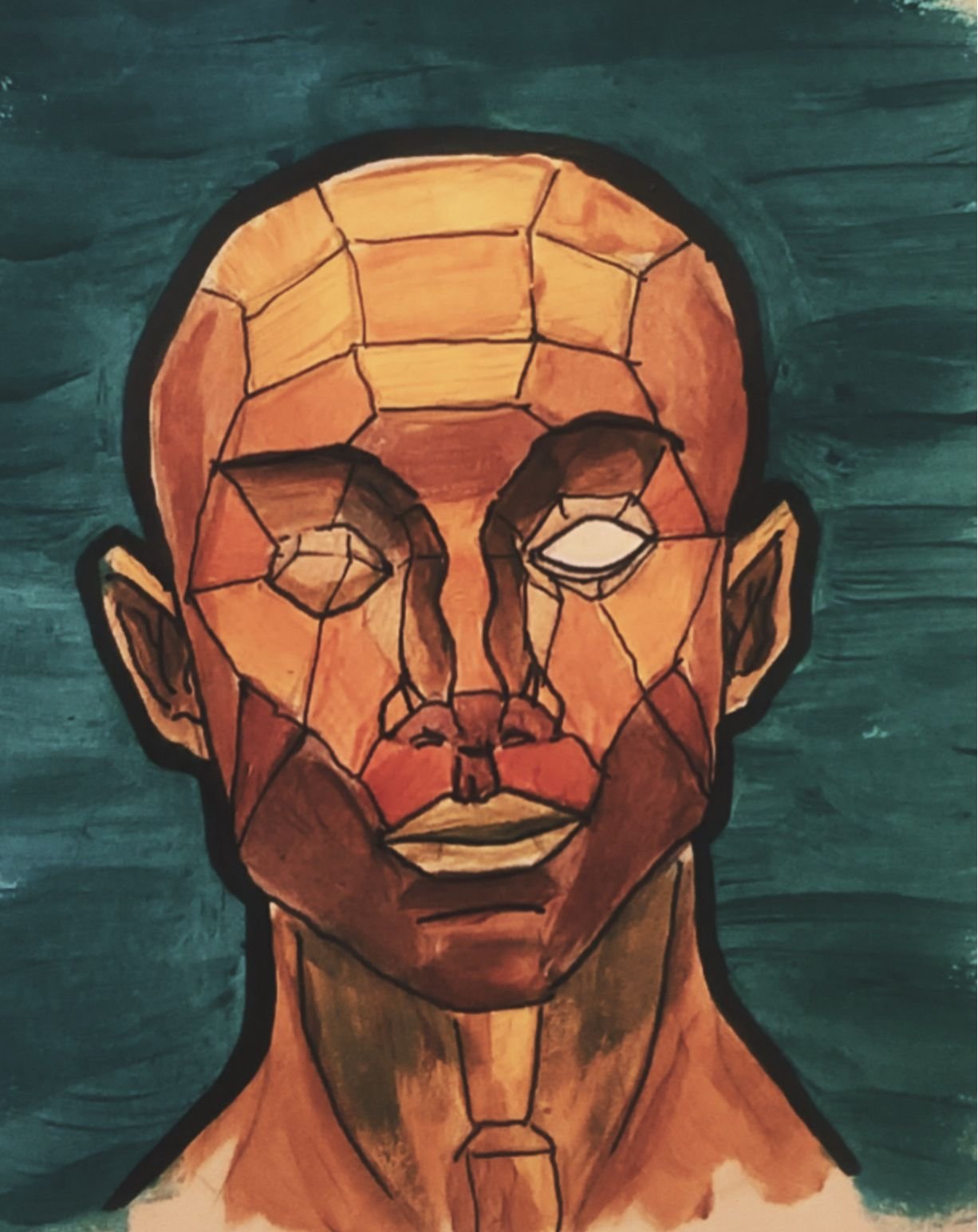 Portrait d'une personne avec des traits faciaux stylisés dans un style géométrique, utilisant des couleurs chaudes sur fond bleu vert.