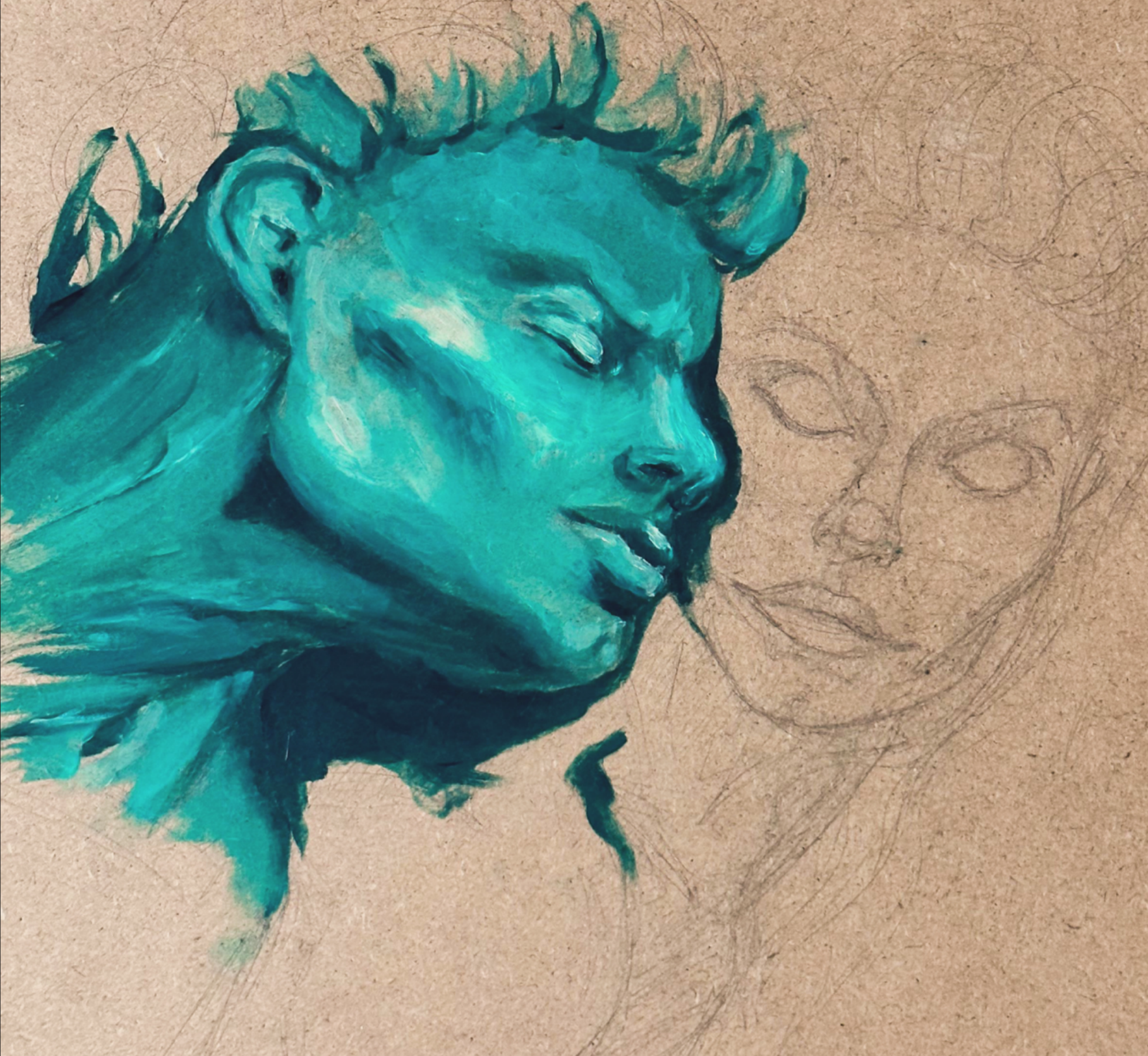 Dessin d'un visage de lion en aquarelle turquoise sur papier Kraft, avec esquisses de formes adjacentes.