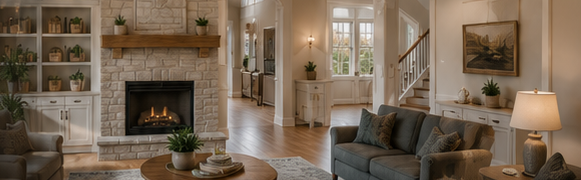Living room with a stone fireplace, gray and beige sofas, wooden coffee table with plants, and white built-in shelves