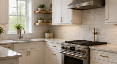 Kitchen with white cabinets, a window, a stove, and decorative plants.