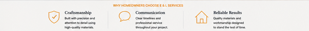 Section title 'WHY HOMEOWNERS CHOOSE E & L SERVICES' with three icons and descriptions: Craftsmanship with shield icon, Communication with speech bubble icon, and Reliable Results with house icon.