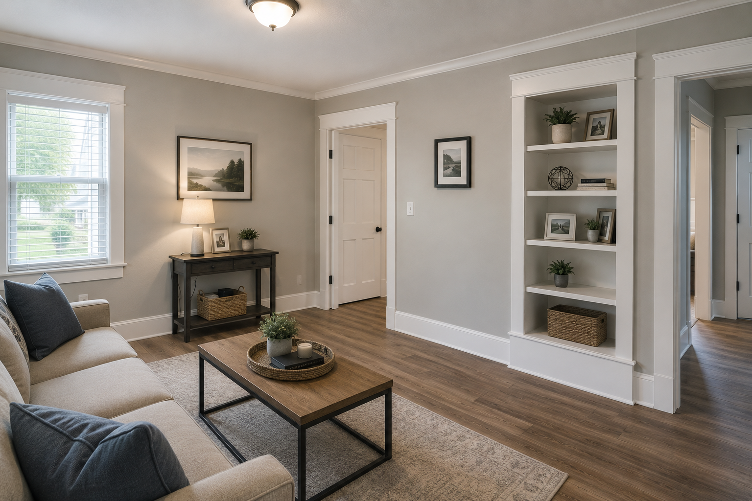 A living room with beige sofa, dark throw pillows, a wooden coffee table, a white built-in shelf with decor, a small black table with a lamp, framed artwork on light gray walls, a window with blinds, and hardwood flooring.