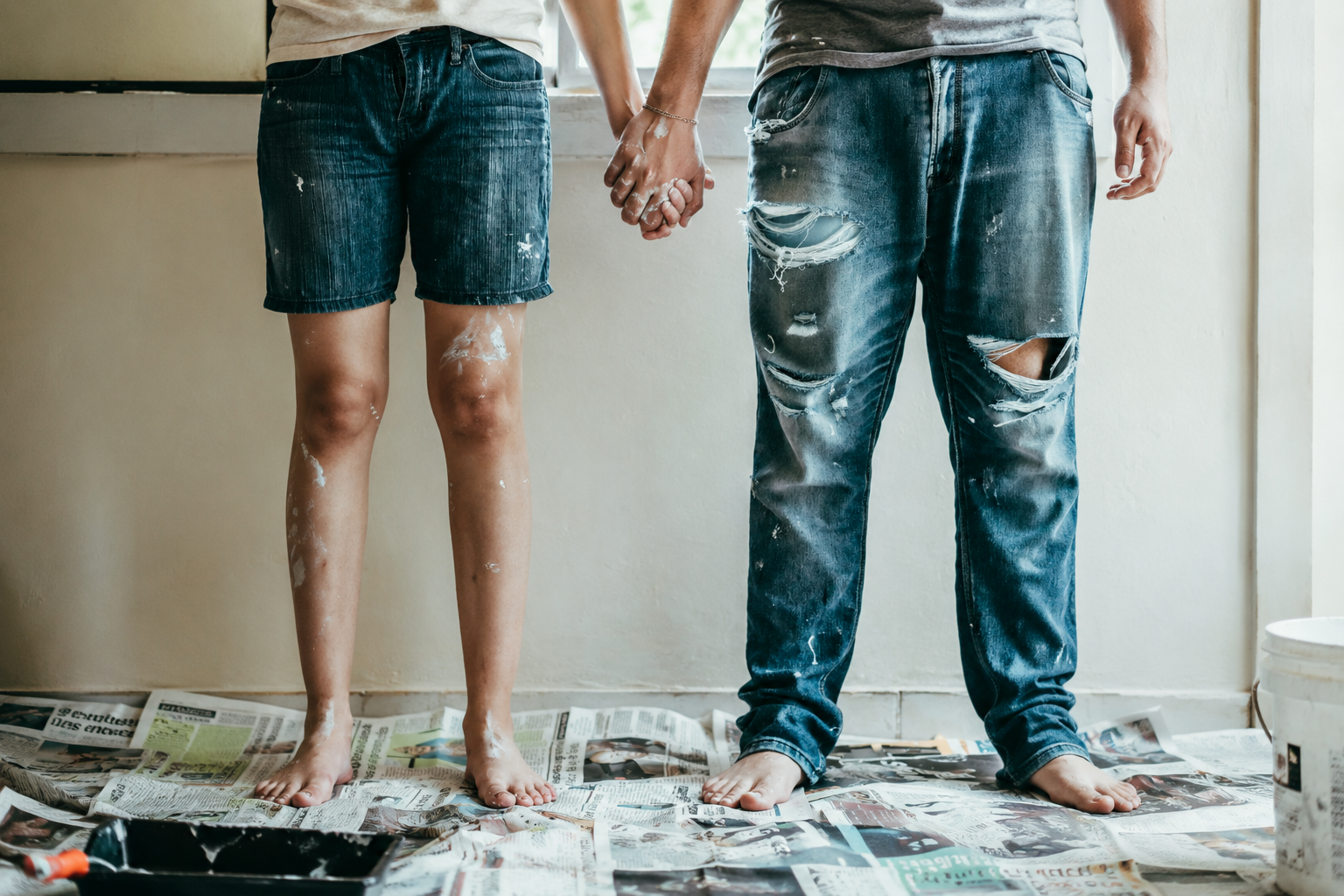 A couple standing barefoot on newspapers with paint on their legs and jeans, holding hands. The woman is wearing denim shorts and the man is wearing distressed jeans. Their hands are covered in white paint.