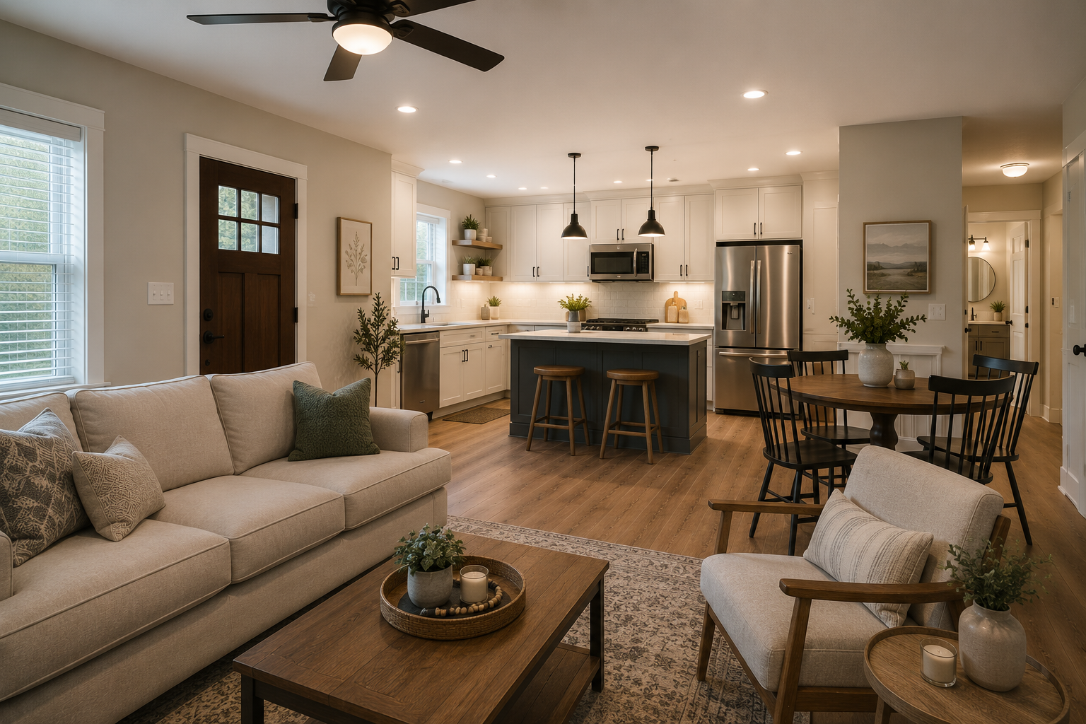 Open-concept living room and kitchen with beige sofa, armchair, wooden coffee table, round dining table with black chairs, kitchen island with stools, white cabinets, stainless steel appliances, and decorative plants.