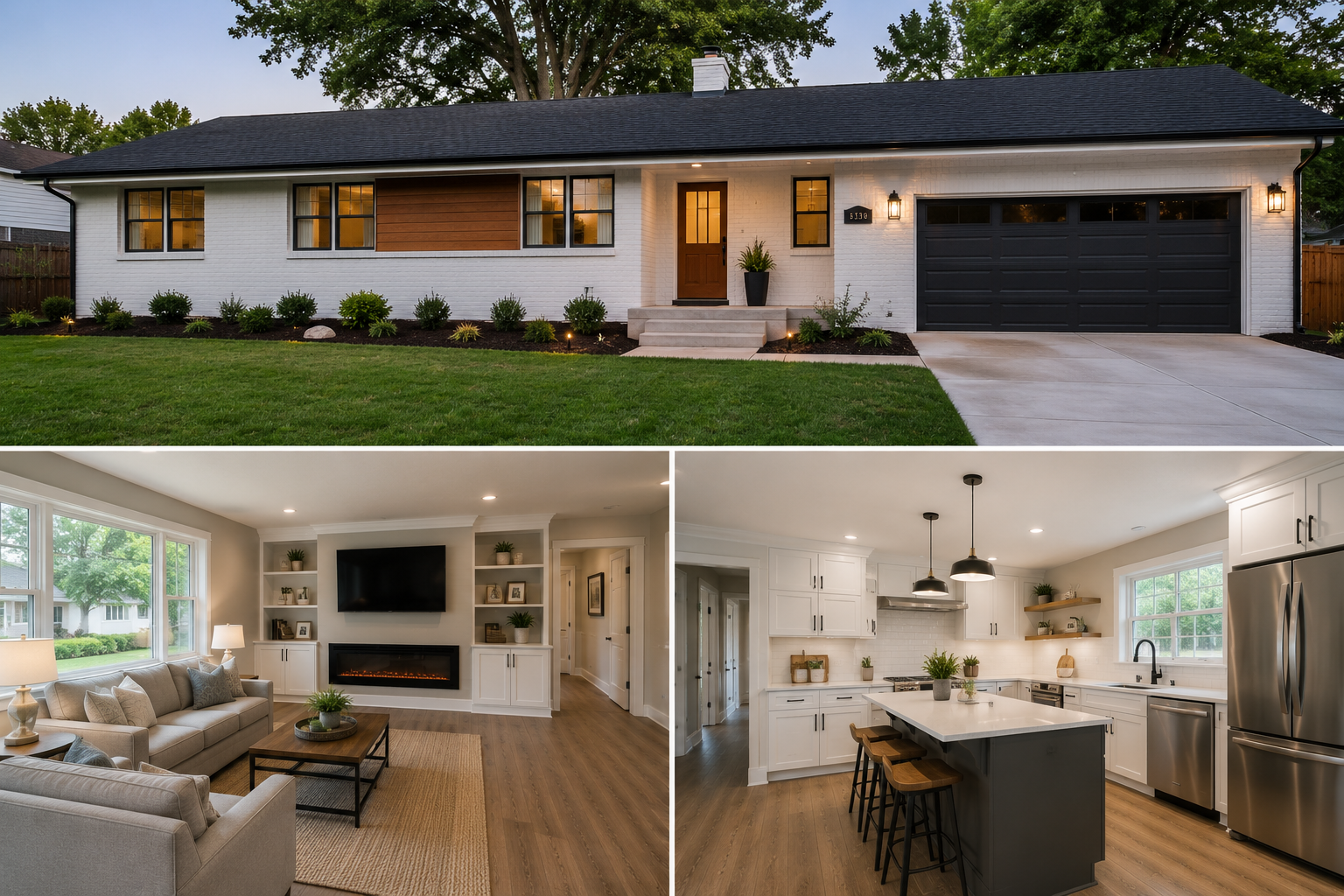 Exterior of a modern single-story house with a white brick facade, dark roof, and black garage door, landscaped with small bushes and grass, and lit with outdoor lights. Interior images show a living room with a large TV, fireplace, beige sofas, and a wooden coffee table, and a kitchen with white cabinets, a central island with barstools, pendant lights, and stainless steel appliances.