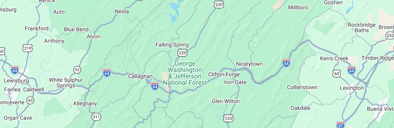 Map of a region in Virginia showing towns and geographical features such as George Washington & Jefferson National Forest, with roads Interstates 64 and 81 visible.