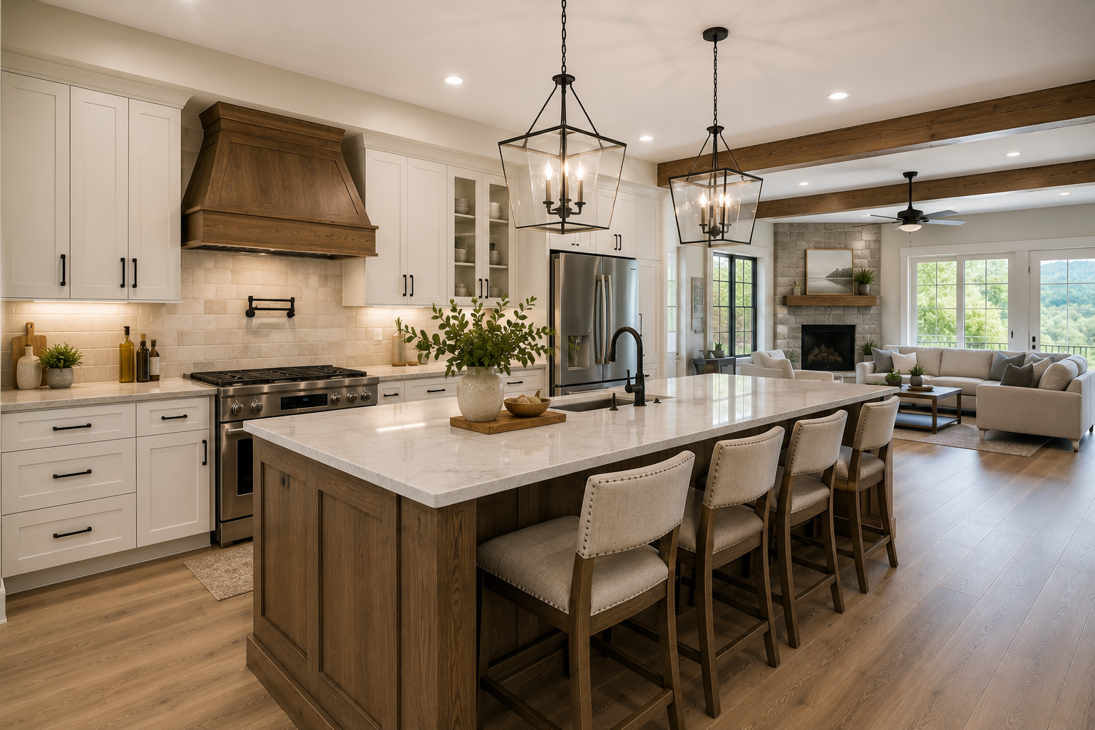 Open-concept kitchen with white cabinets, stainless steel appliances, a large marble kitchen island with beige upholstered chairs, pendant lighting, and a view into a living room with a stone fireplace, large windows, and a beige sofa.
