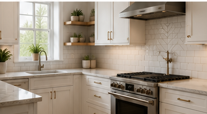 Modern white kitchen with a window, open shelves with potted plants, and a stove with a range hood.