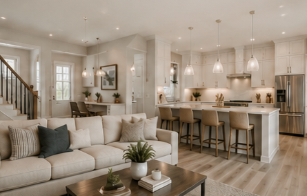 Open-concept kitchen and living room with a beige sofa, wooden coffee table, kitchen island with bar stools, pendant lighting, and white cabinetry.