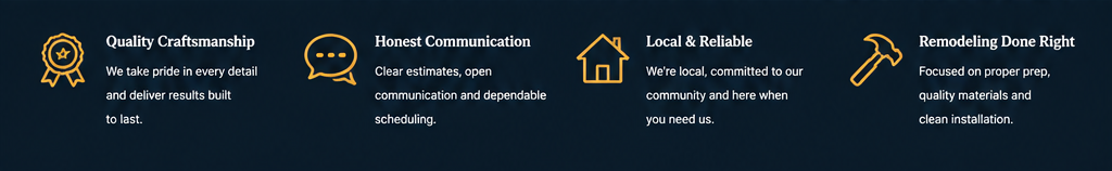 A digital graphic outlines four key company values: Quality Craftsmanship, Honest Communication, Local & Reliable, and Remodeling Done Right, with brief descriptions.