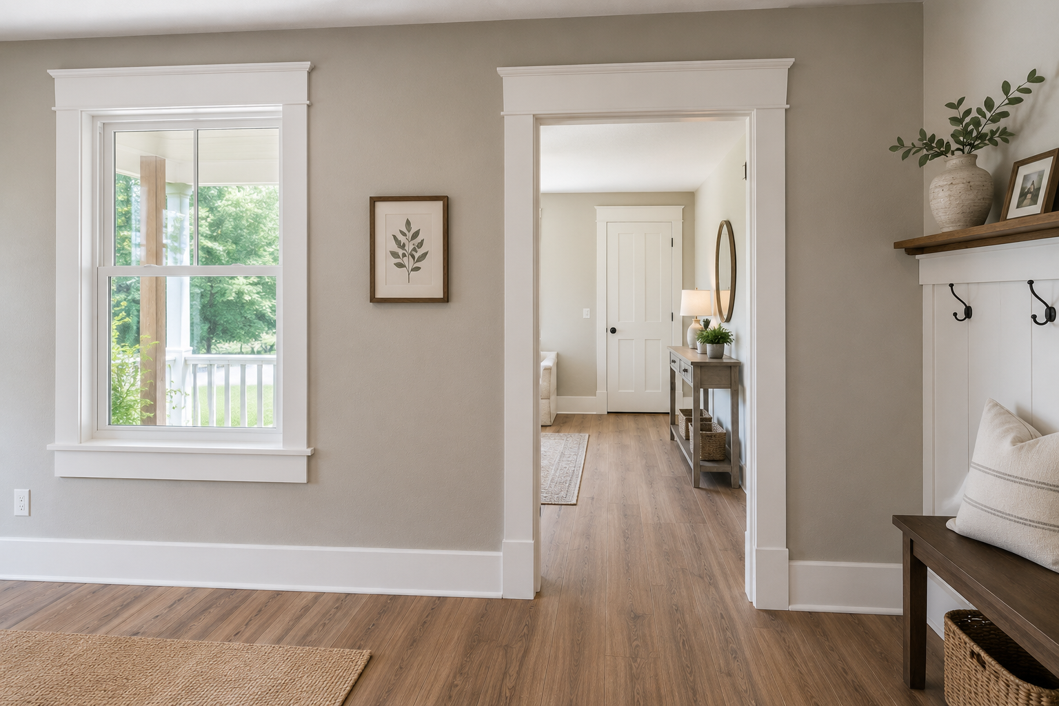 Photo of a cozy entryway and living room in a modern home with natural light, white trim, wooden furnishings, potted plants, and decorative wall art.