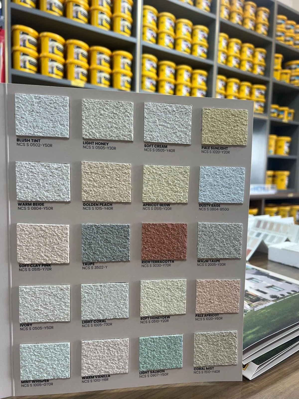 A color samples chart with various textured paint samples in shades of white, beige, and light colors displayed in a store. In the background, shelves are stocked with yellow containers.