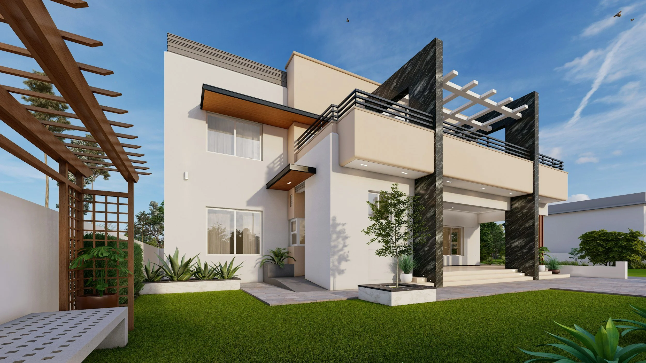 Modern two-story house with white exterior, black and wooden accents, and a landscaped yard with green grass and plants, under a blue sky.