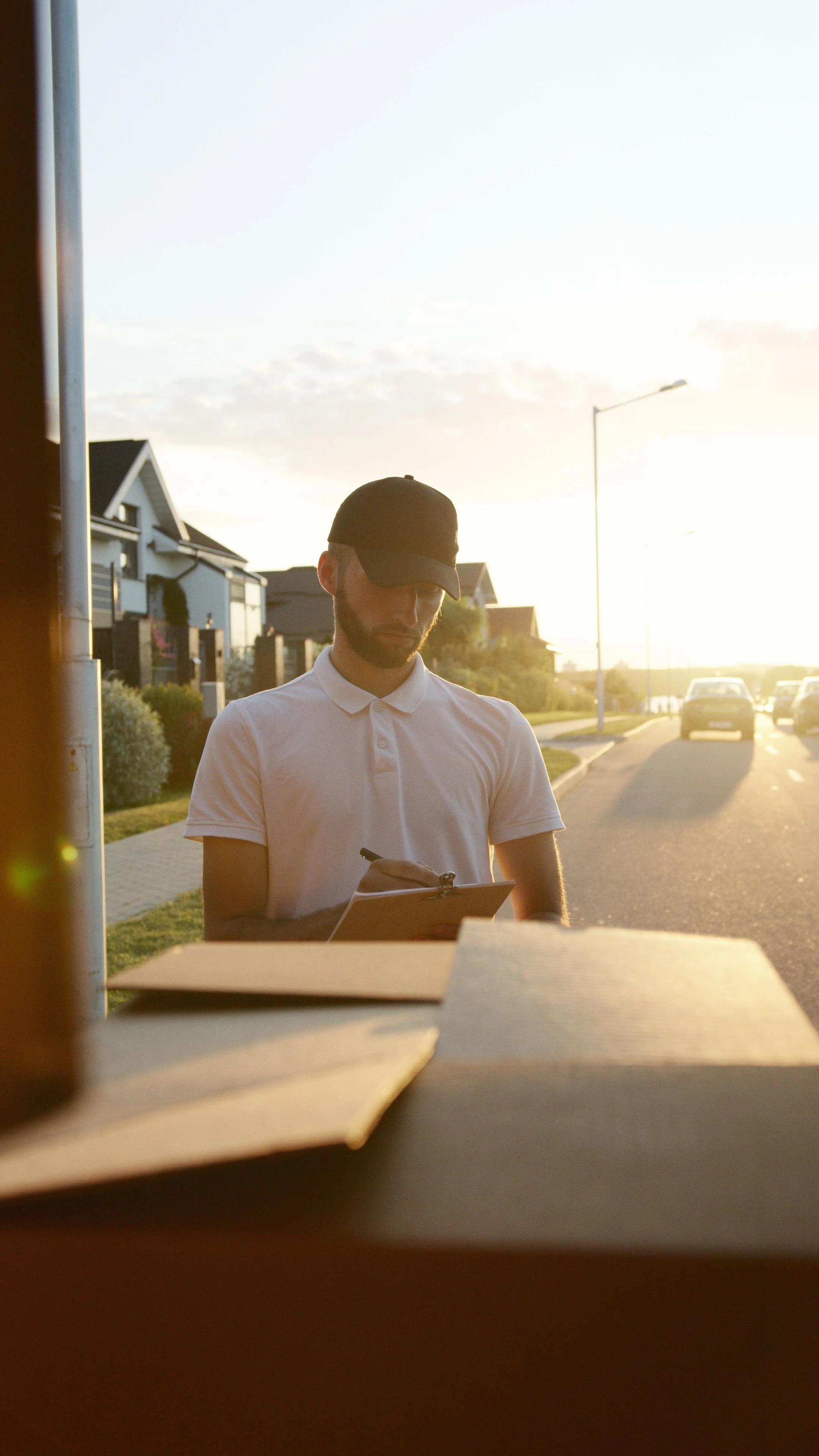 A delivery man controlling the packages he has in the truck