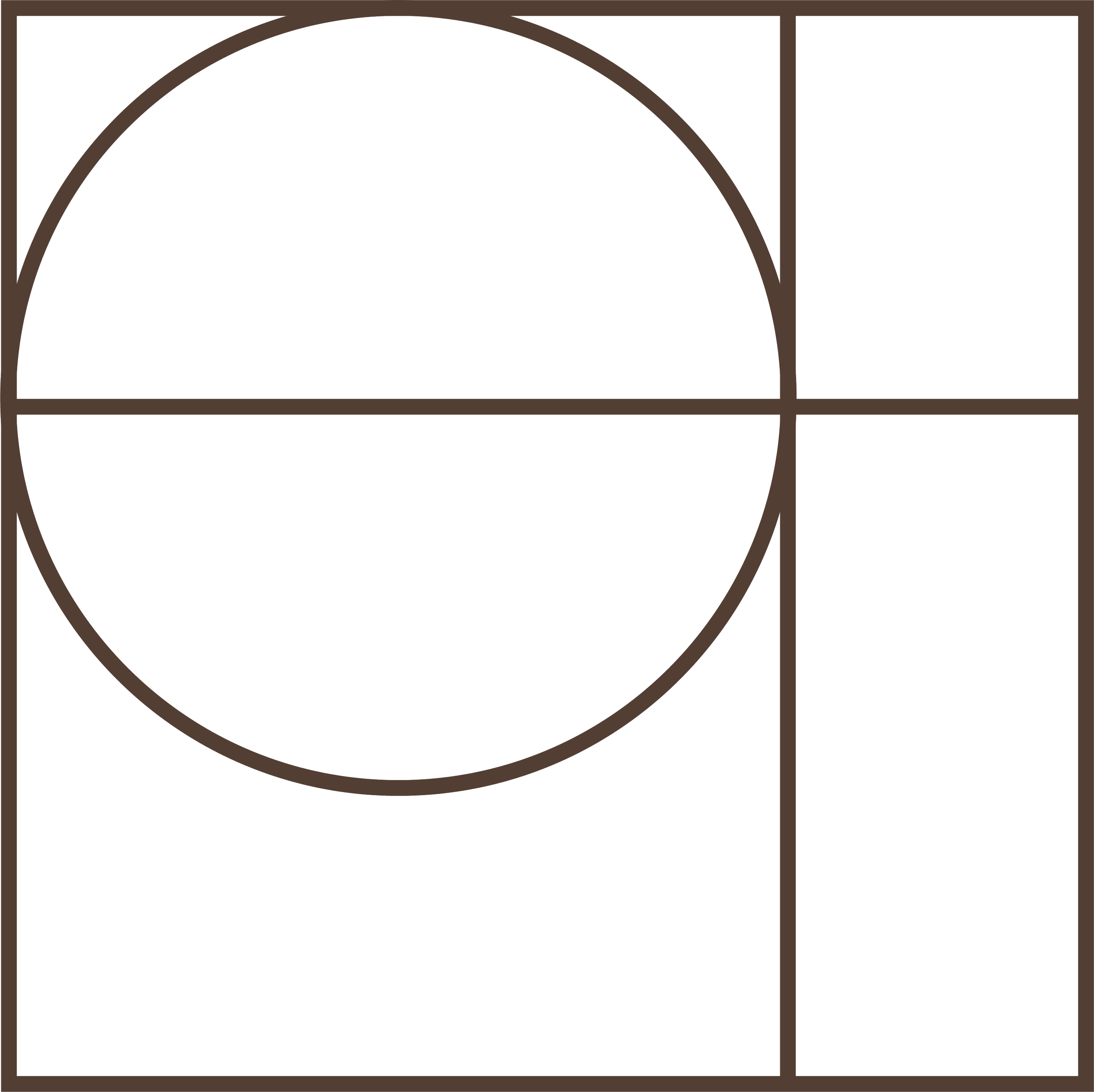 Geometric drawing of an outline square with sections divided by vertical, horizontal, and circle lines.