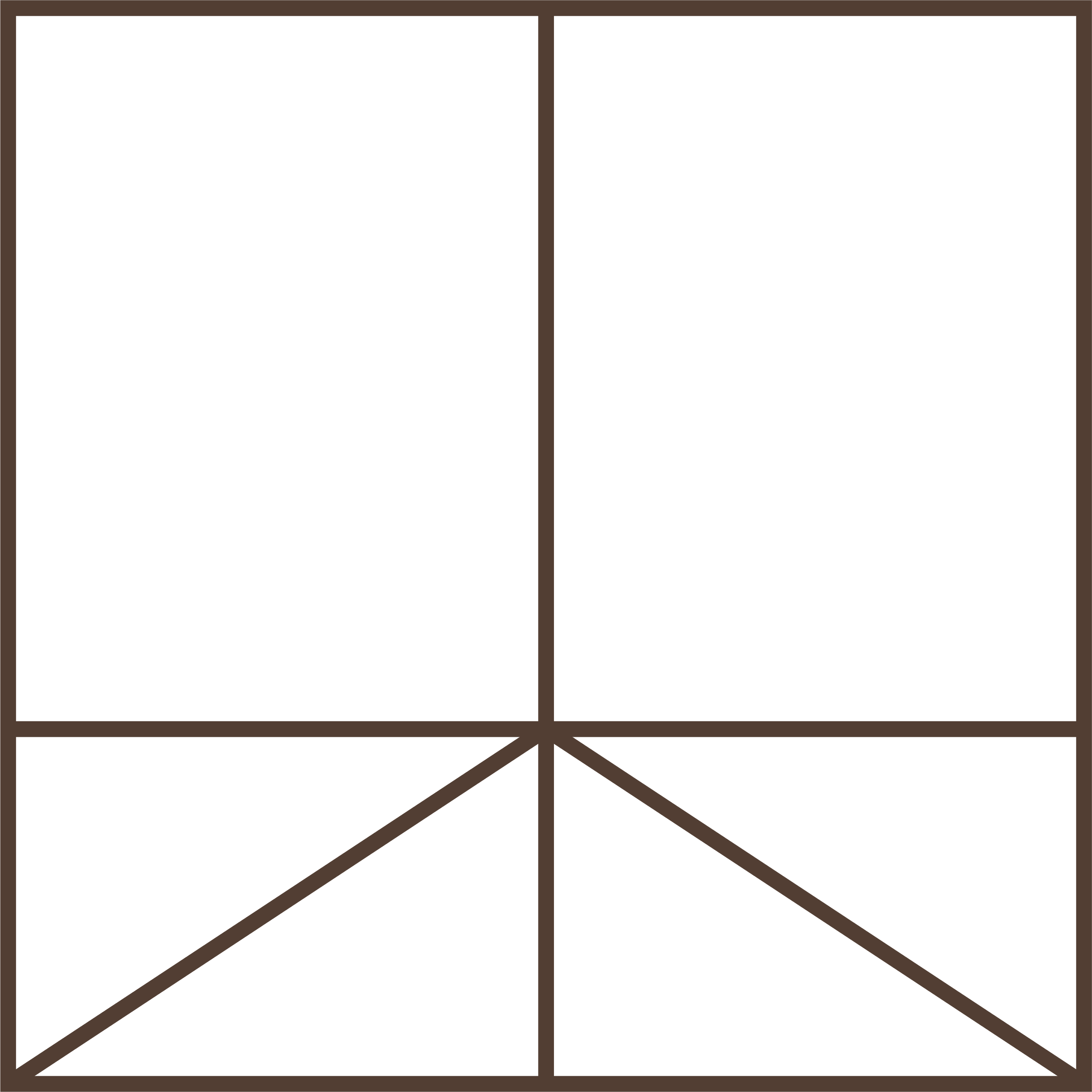 Geometric drawing of an outline square with sections divided by vertical, horizontal, and diagonal lines.
