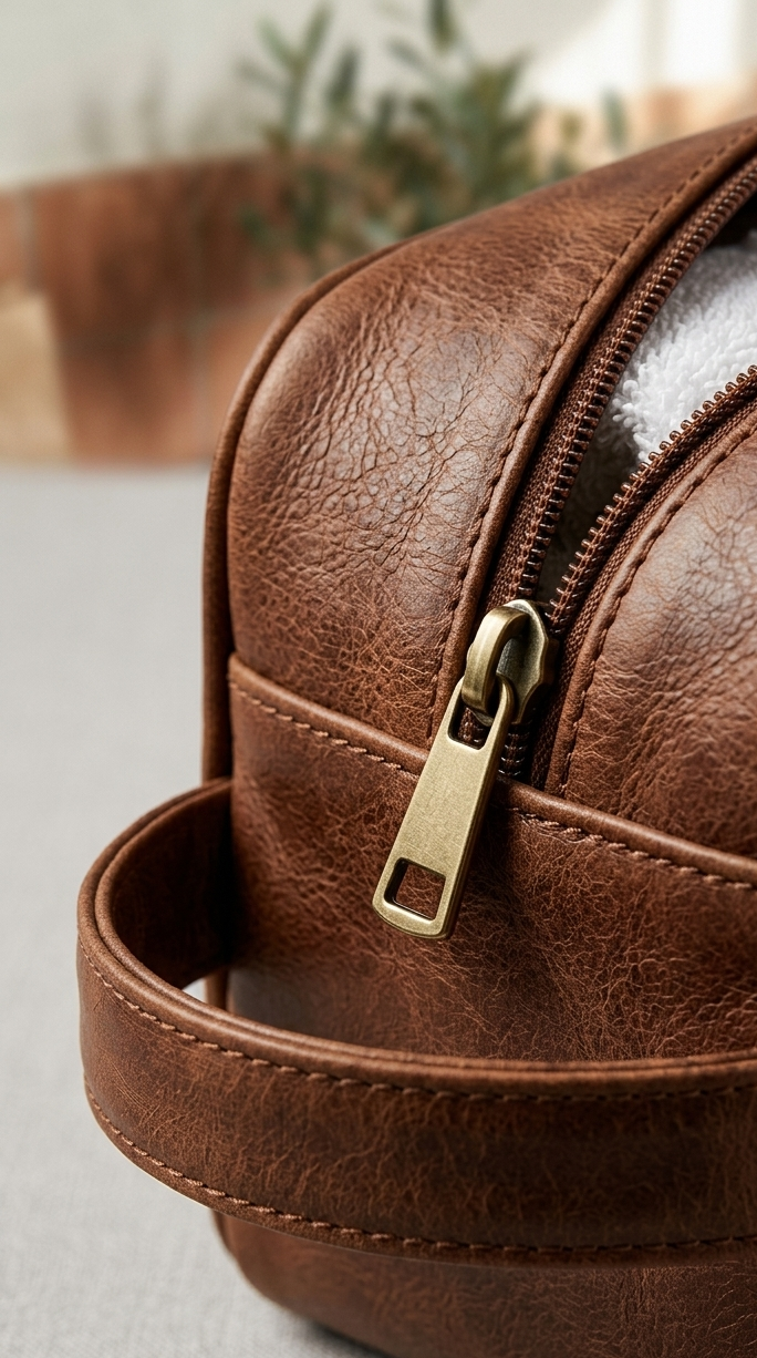 Close-up of a brown leather backpack with a gold zipper, partially open revealing a white towel inside.