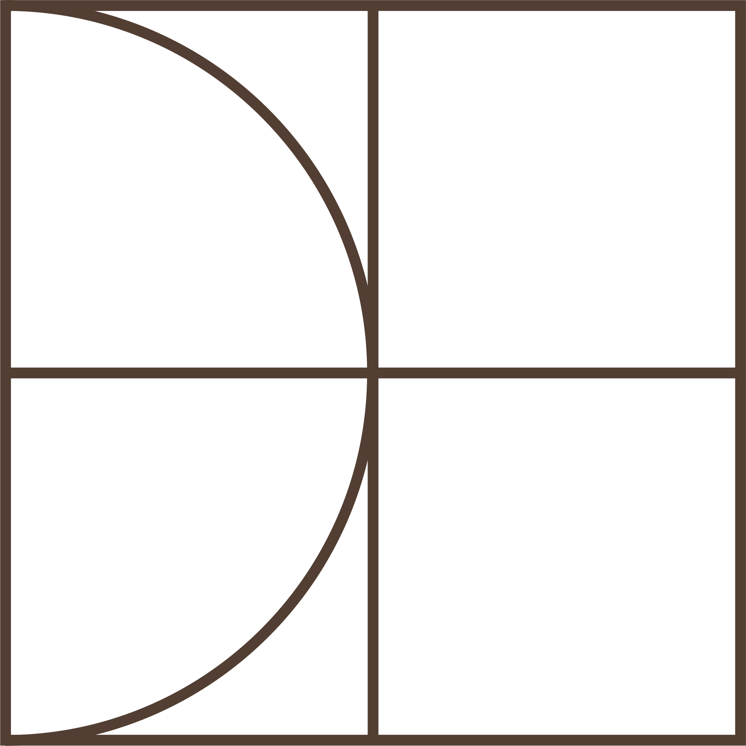 Geometric drawing of an outline square with sections divided by vertical, horizontal, and half circle lines.