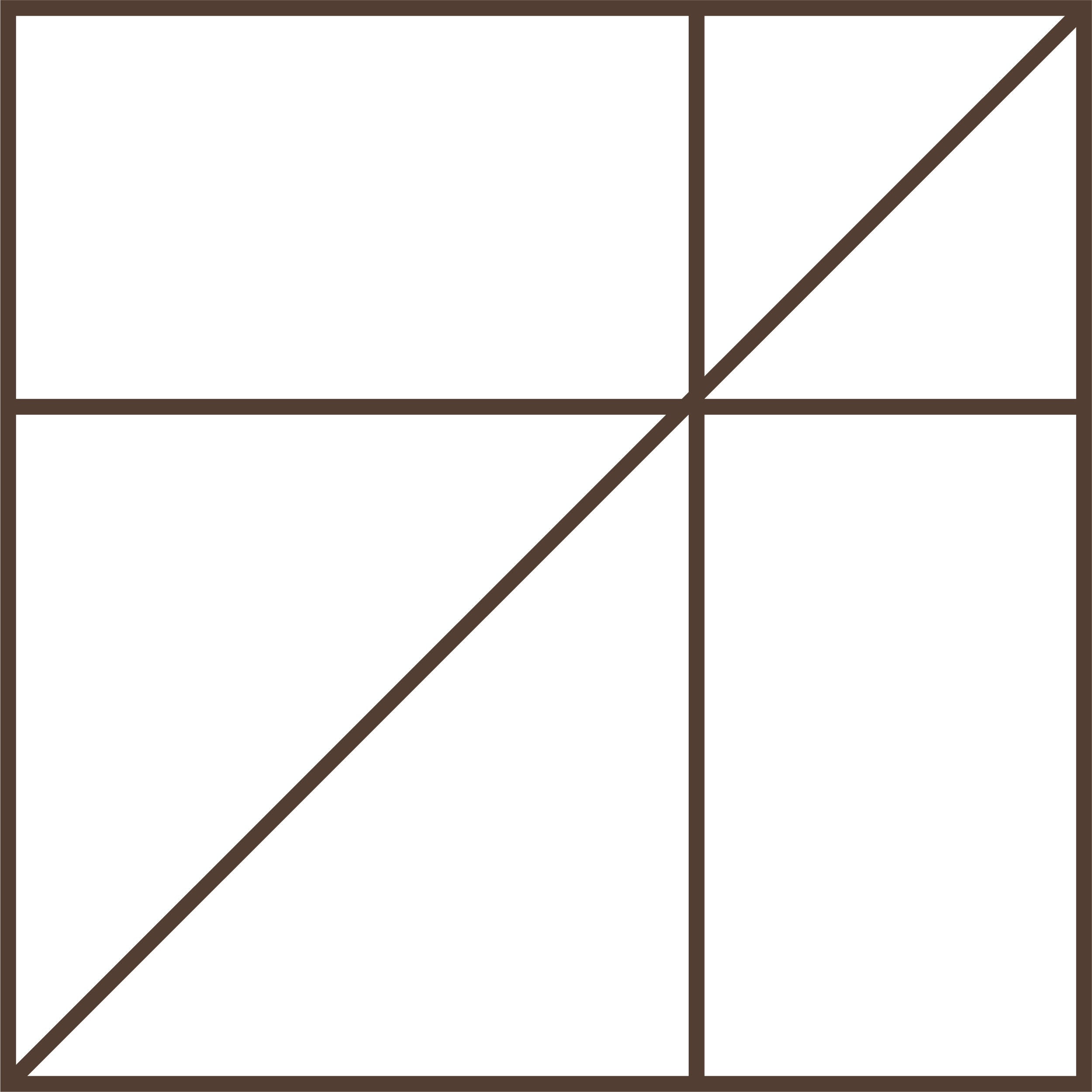 Geometric drawing of an outline square with sections divided by vertical, horizontal, and diagonal lines.